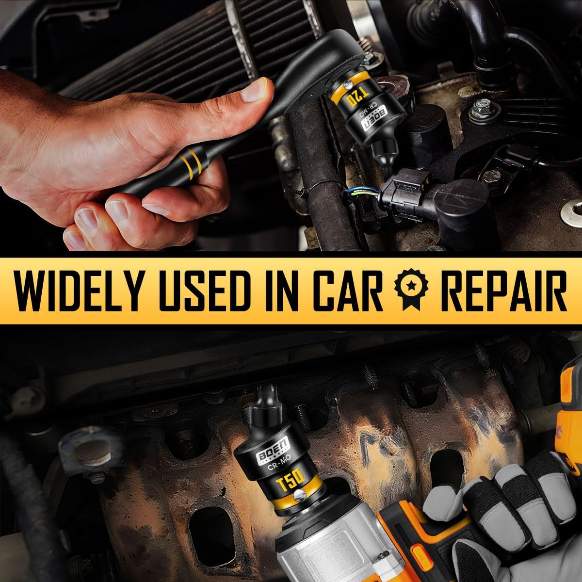 boen 3/8" Drive Universal Torx Bit Socket Set, 7PCS Impact Swivel Star Bit Sockets (T20-T50), 360° Rotation Flexible Wobble Torx Bit Driver Socket Set, Yellow Embossed Marking, CR-MO Steel