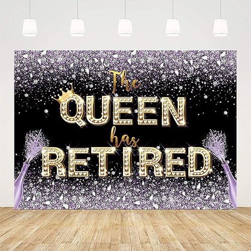 Miniatura 2 de Telón de fondo de 7 x 5 pies con texto en inglés The Queen Has Retirement (Happy Retirement para mujer, fiesta de despedida, morado, negro, oro,