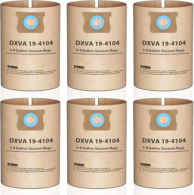 6 Pack Sacs à vide compatibles avec DEWALT 5-8 Gallon Wet/Dry Shop Vac DXVA19-4104, Sacs à filtre jetables de remplacement pour DXV08SA DXV05P DXV06PL DXV08S