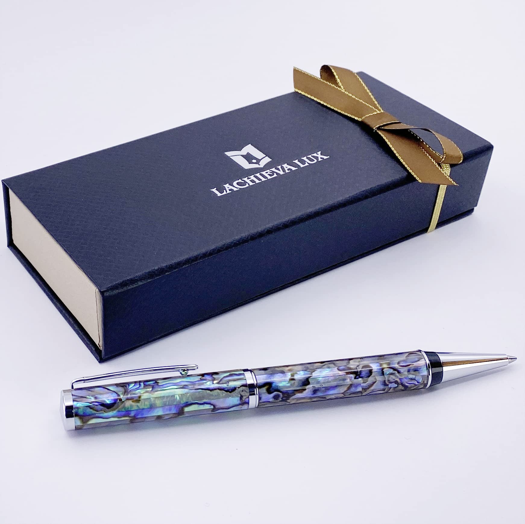 LACHIEVA LUX Penna a Sfera in Abalone Fatta a Mano con Refill Tedesco - Stupendo Regalo per la Scrittura - Penna Elegante per Uomini e Donne