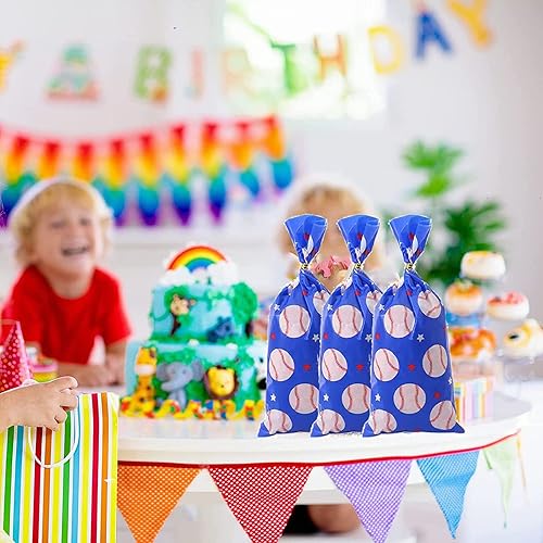 Miniatura 5 de RS 50 bolsas de béisbol para dulces de béisbol, bolsas de celofán de béisbol sellables con 50 lazos giratorios para cumpleaños, fiestas de niños,