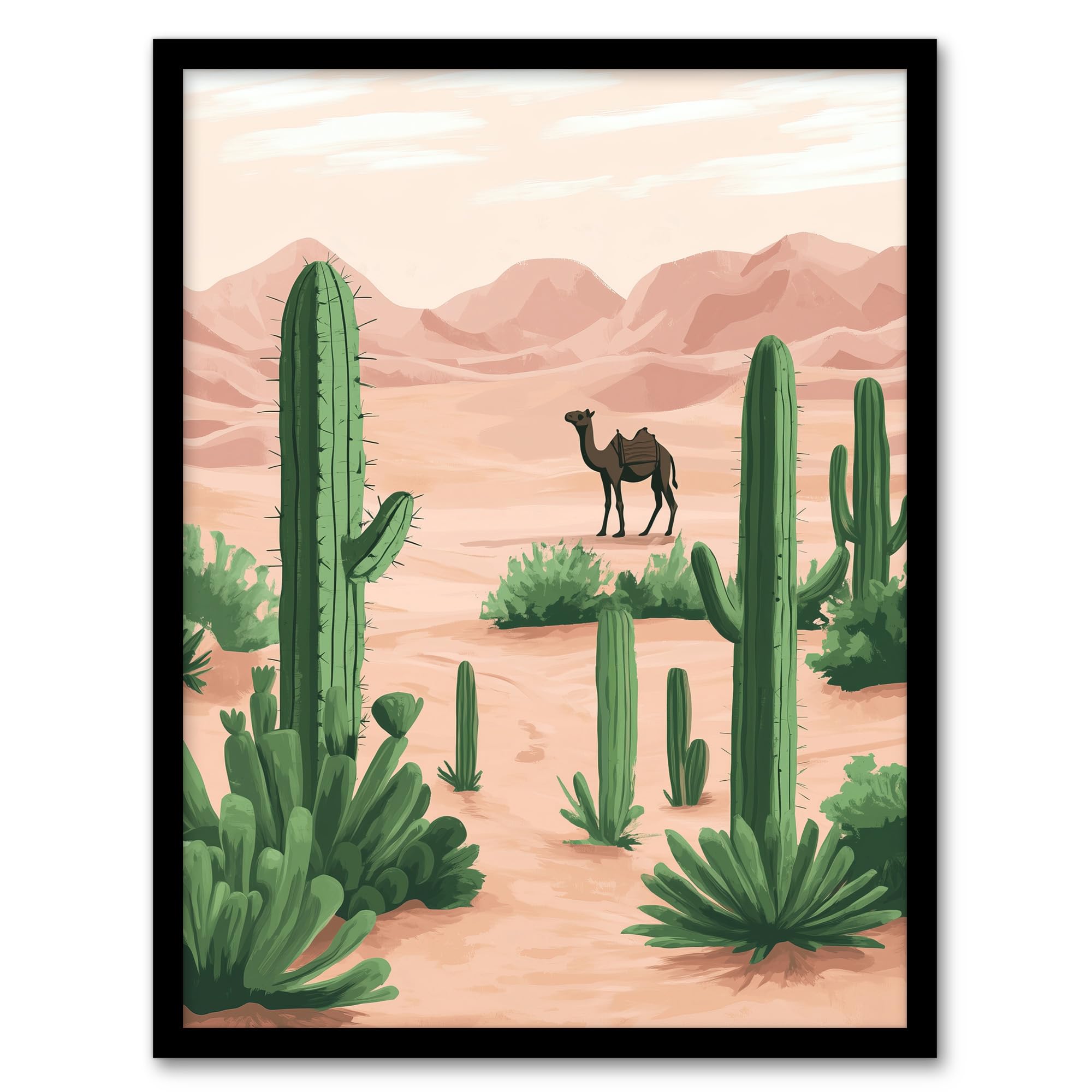 Artery8 Camel in Pastel Pink Desert Sand Dunes and Cacti Living Room Artwork Framed Wall Art Print A4