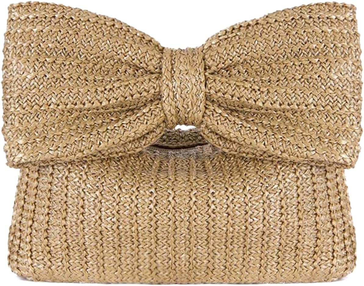 EVEOUTStraw Bow Clutch Bag for Women Summer Straw Woven Handbag for Wedding Dinner Party Holiday