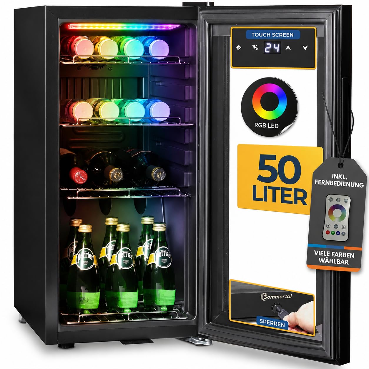 Sommertal GK50 Kühlschrank mit Glastür 50L Leiser Getränkekühlschrank RGB LED Touchscreen Schloss Schwarz