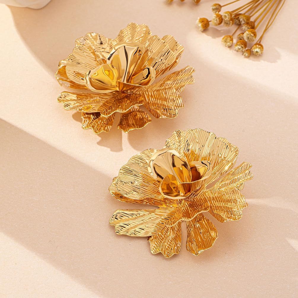 Large Chunky Gold Textured Flower Stud Earrings for Women, Trendy Punk Big Blooming Floral Earring Unique Party Vacation Costume Jewelry Accessories - Image 4