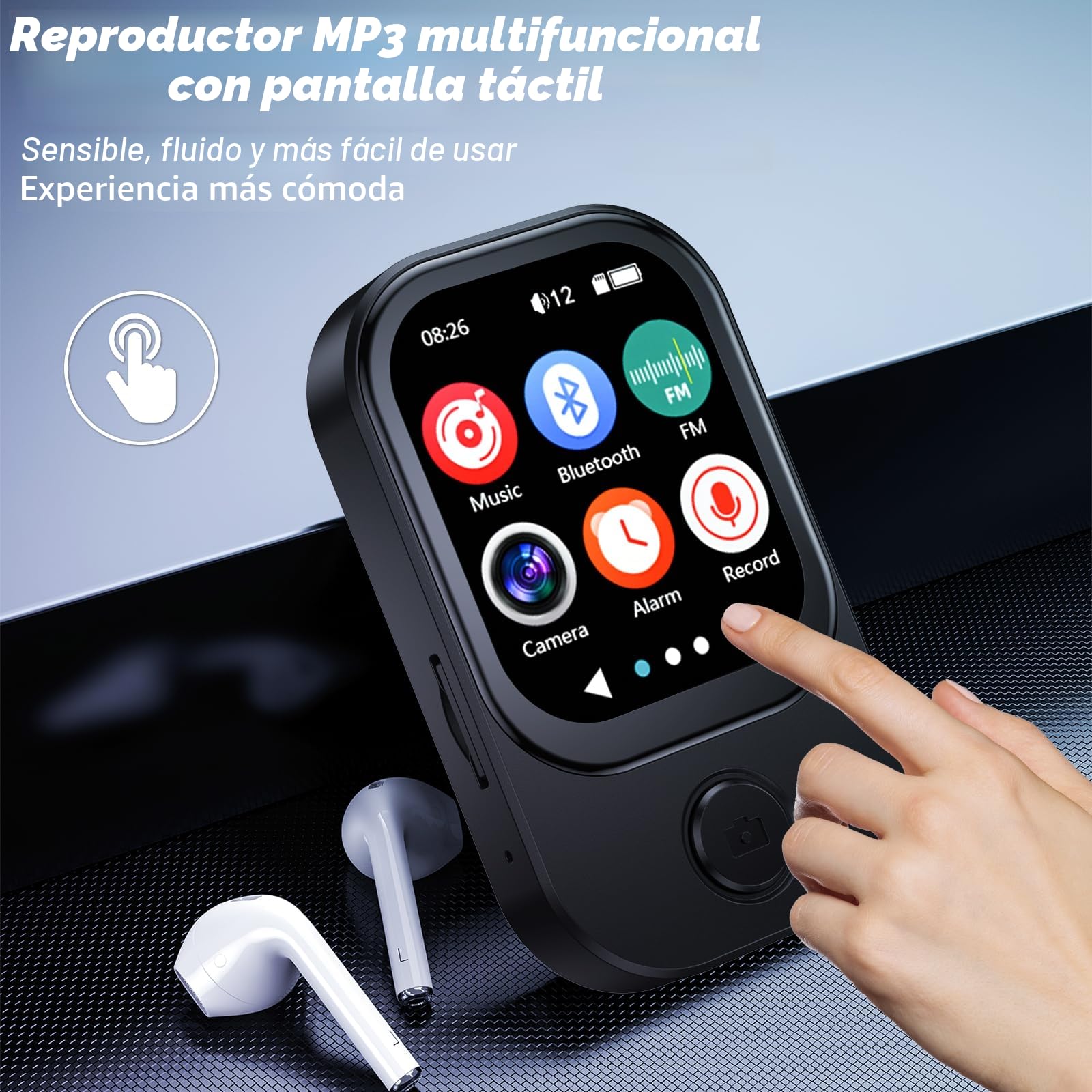 64GB Reproductor MP3 con Bluetooth 5.4, Cámara Abatible de 180°, Mini Reproductor Música Altavoz HD Radio FM Sonido HiFi Ldeal E-Book Podómetro Deportivo