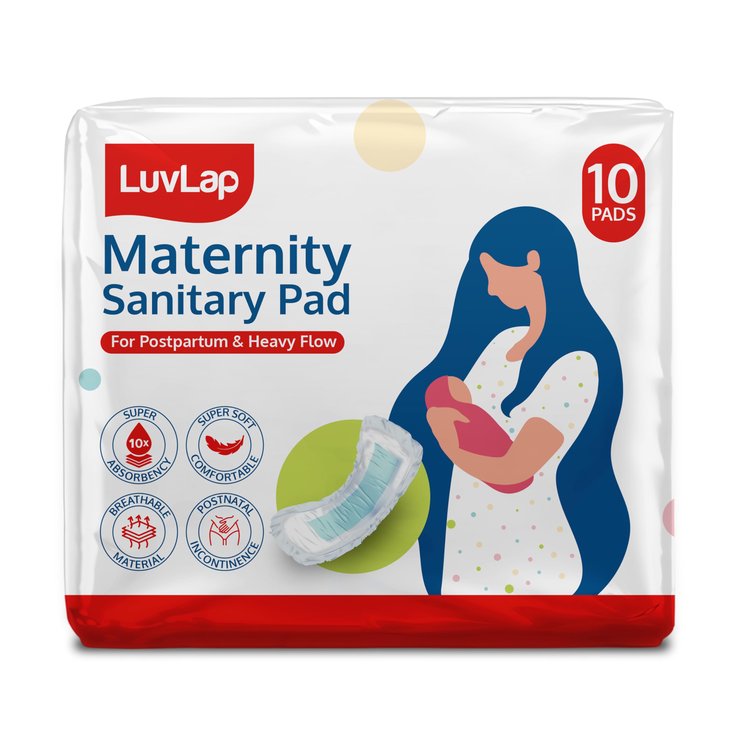 LuvLap Extra Absorbent Maternity Pad, Pack of 10 Pads, 0-2 Weeks Post-Birth, After Delivery Pad for Heavy Flow, Sanitary-Pad for Women, Ultra Soft-Pads for Maternity Flow, Postpartum Bleeding