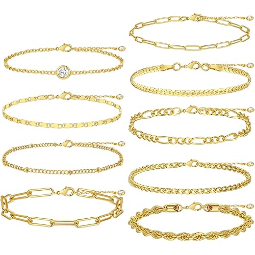 Gold Bracelets Set for Women Trendy, 14K Real Gold Plated Jewelry for Women Dainty Chain Bracelet Stack, Non Tarnish Gold Stackable Bracelets Pack Fashion Accessories Gifts