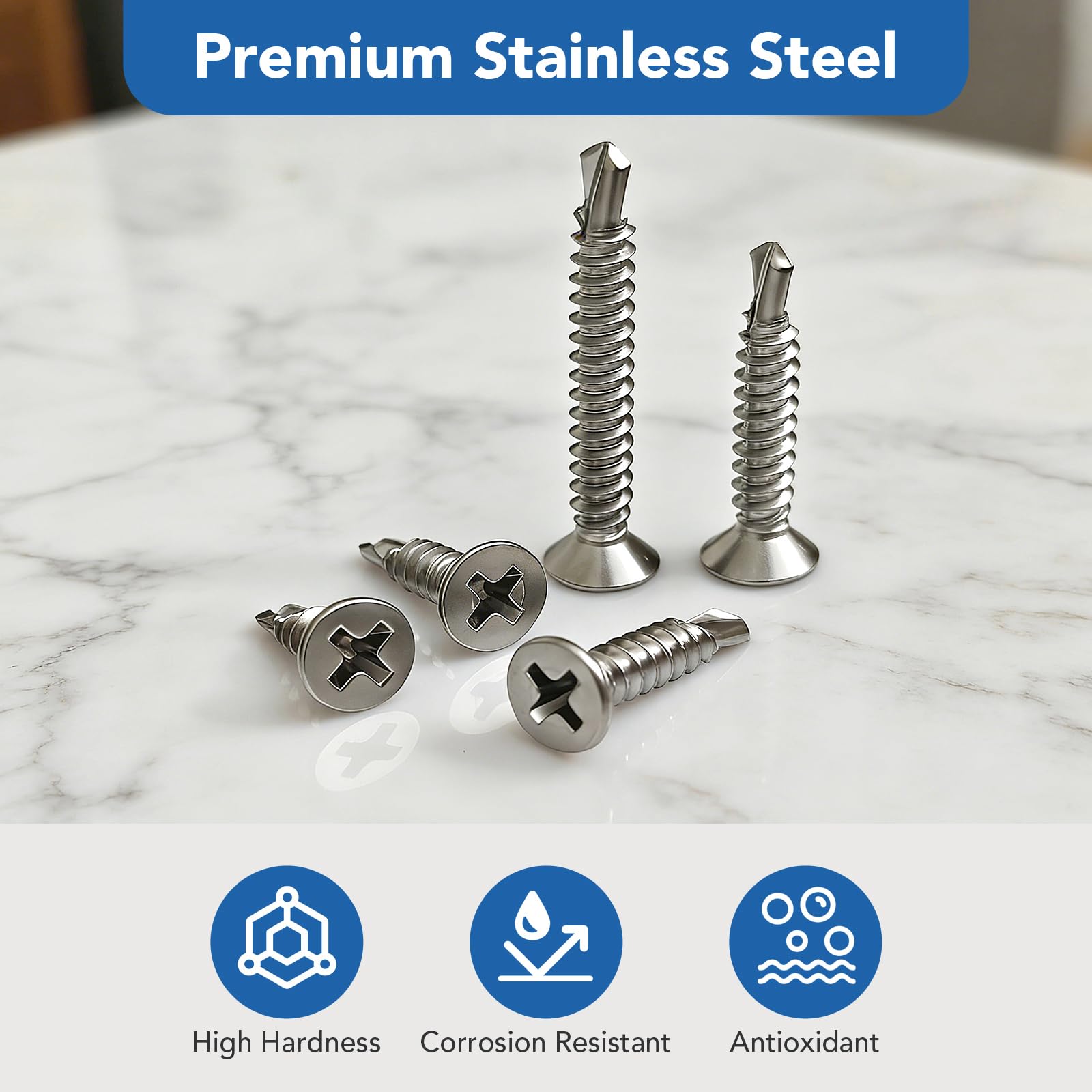 Zestaw 282 wkrętów samogwintujących, samowiercące ze stali nierdzewnej, wkręty do suchego drewna z wiertłami M4.2, 13 mm/16 mm/19 mm/25 mm/32 mm, srebrne