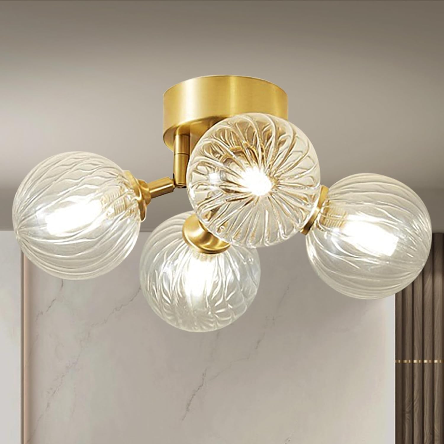 Semi Flush Mount Bubble Ball Chandelier Lighting,Dia 13" 4-Light Gild Brass and Clear Ripple Glass Globe Farmhouse Chandelier Close to Ceiling Light Fixtures for Living Room Bedroom Bathroom Foyer