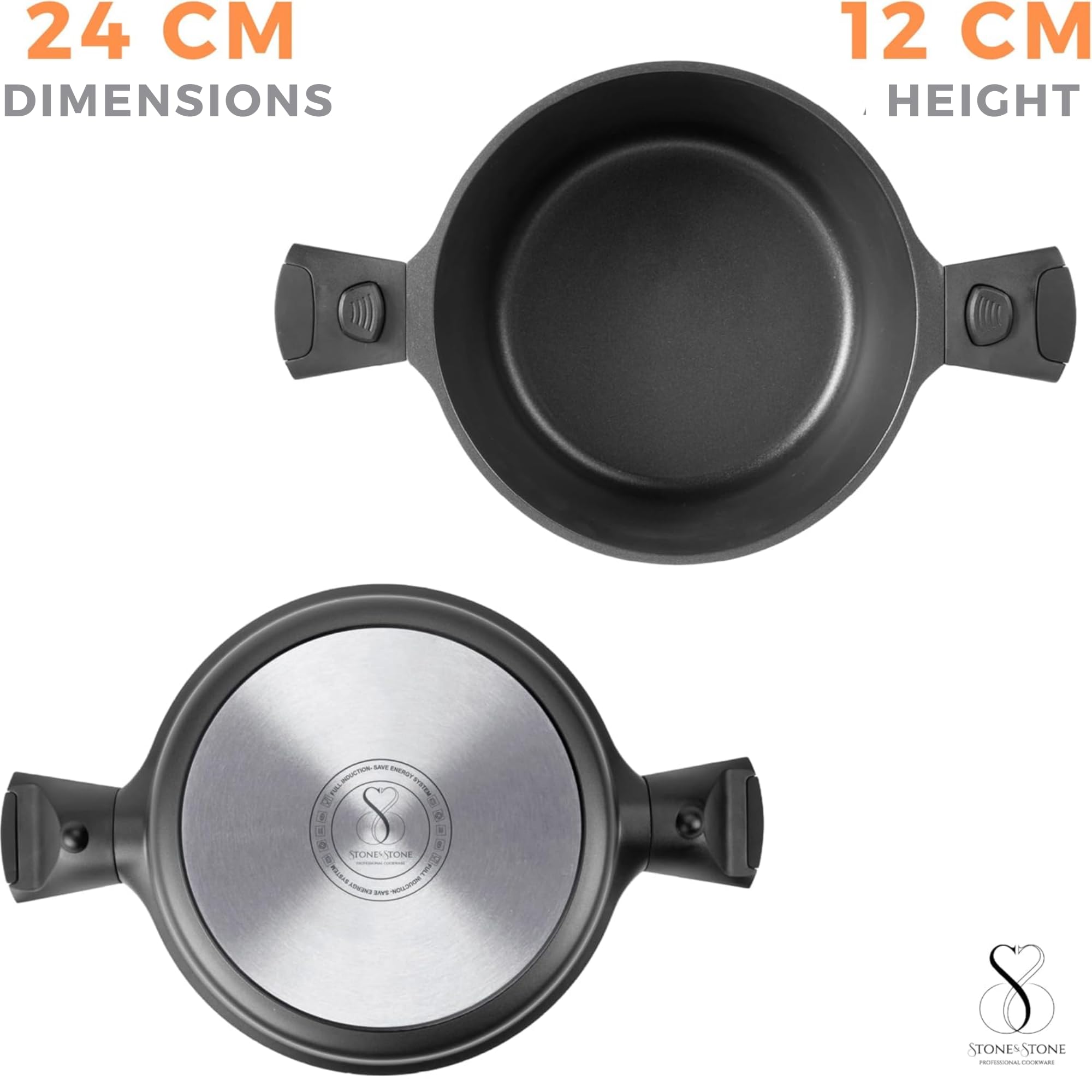 Casserole Antiadhésive 24CM, Façon Pierre en Fonte Aluminium faitout Cocotte Casseroles Revêtement super AntiAdhésif Tous Feux dont Induction four avec Couvercle en Verre Sans PFOA (24CM)