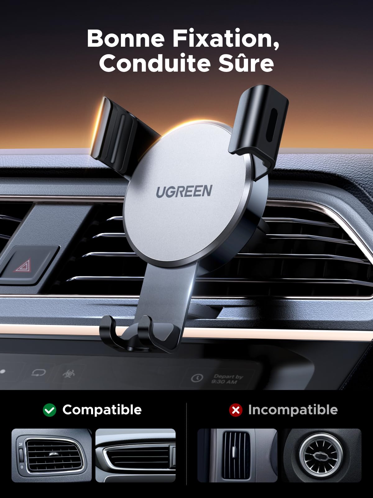 UGREEN Support Téléphone Voiture Gravité Grille Aération Porte Smartphone Voiture Ventilation Accroche Téléphone Auto Compatible avec iPhone 17 Pro Max Air 16 15 14 Galaxy S25 Ultra S24 (Gris) - 2