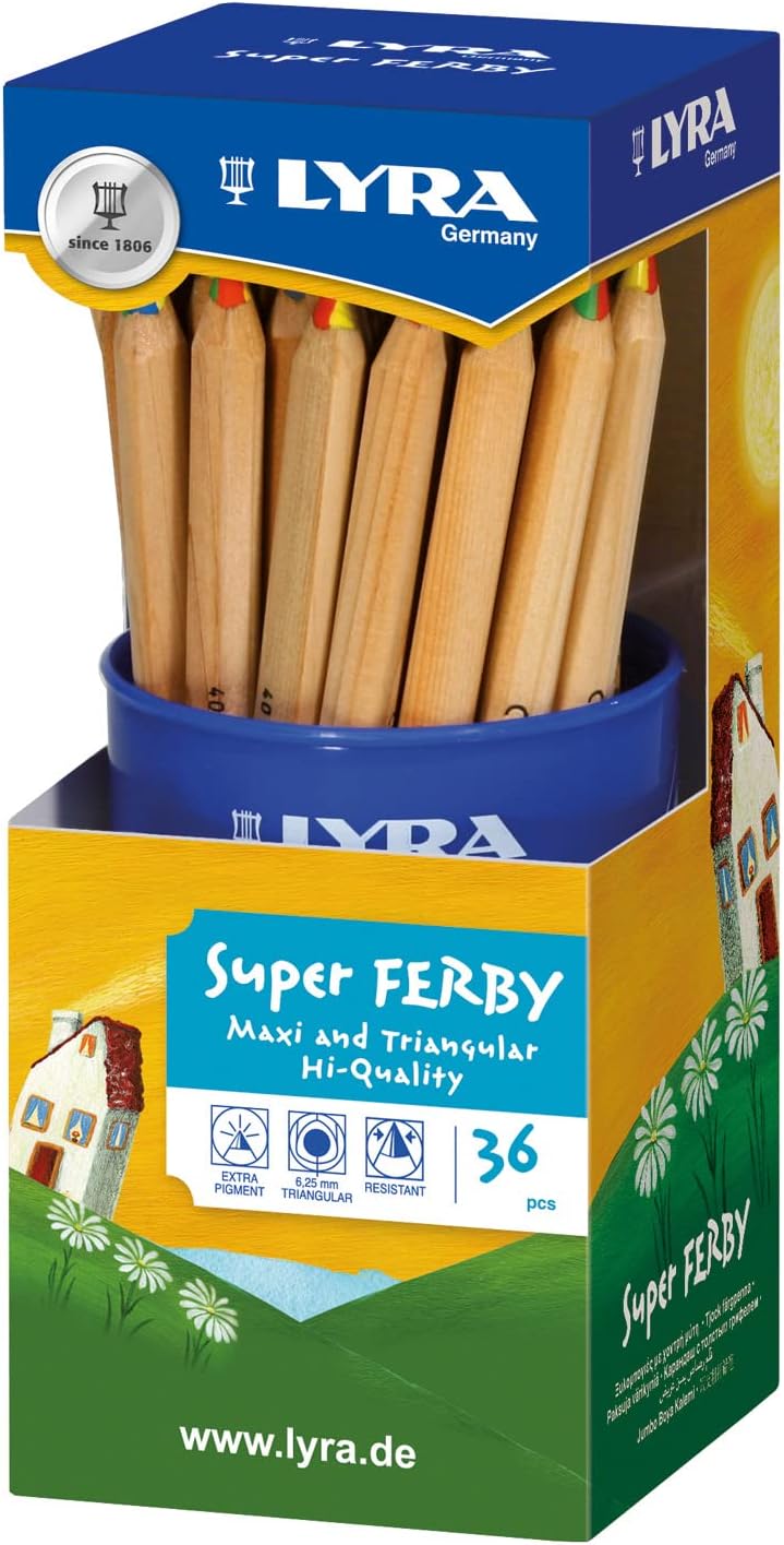 LYRA Super Ferby Triangular Giant Colored Pencils, Unlacquered, 6.25 Millimeter Lead Core, 18 Pencil Set, Assorted Colors (3711180)