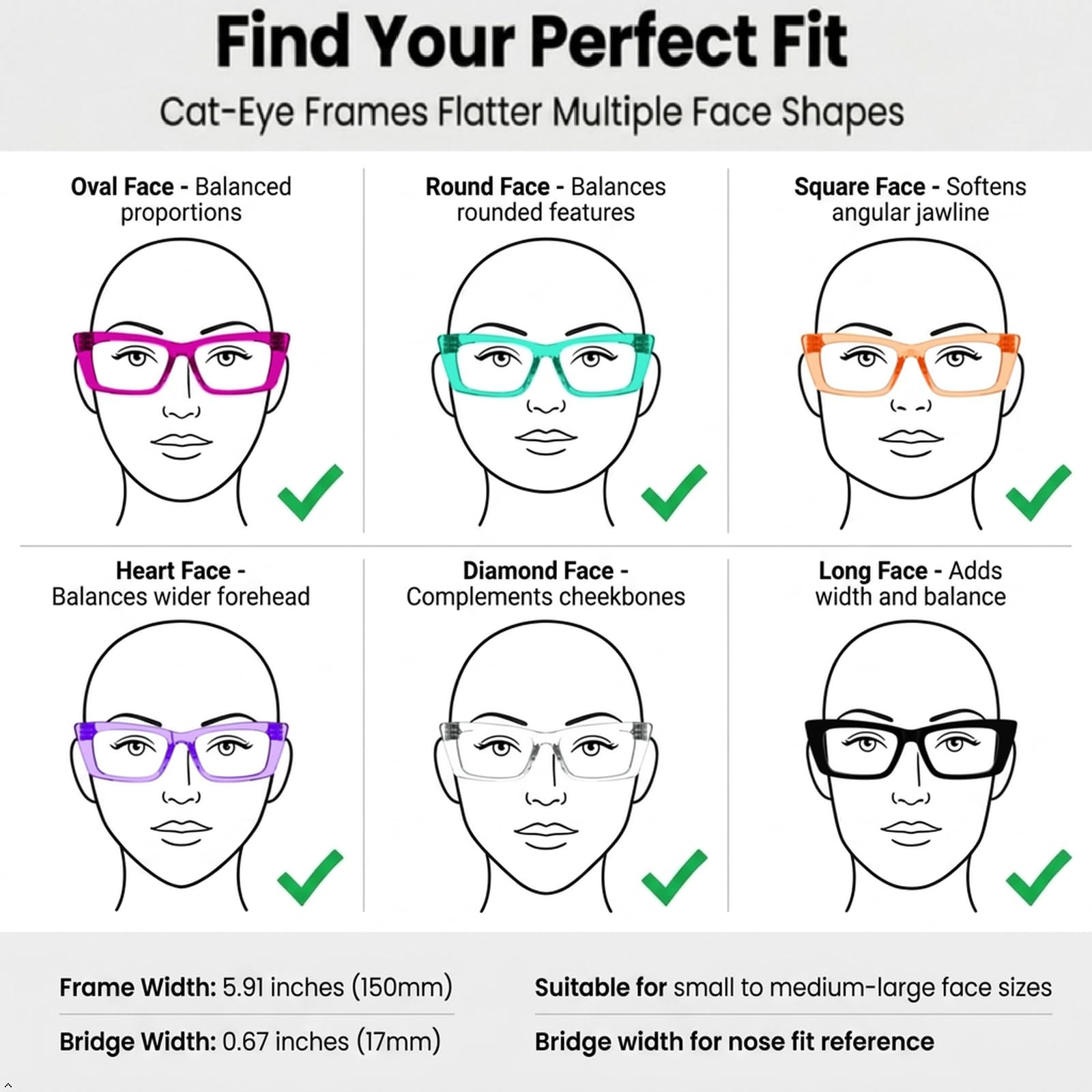 Eyekepper 6er Pack Metallfreie schraubenlose Federscharniere Lesebrille Damen Katzenaugen Lesehilfe Breiter Rahmen Lesebrillen +3,50