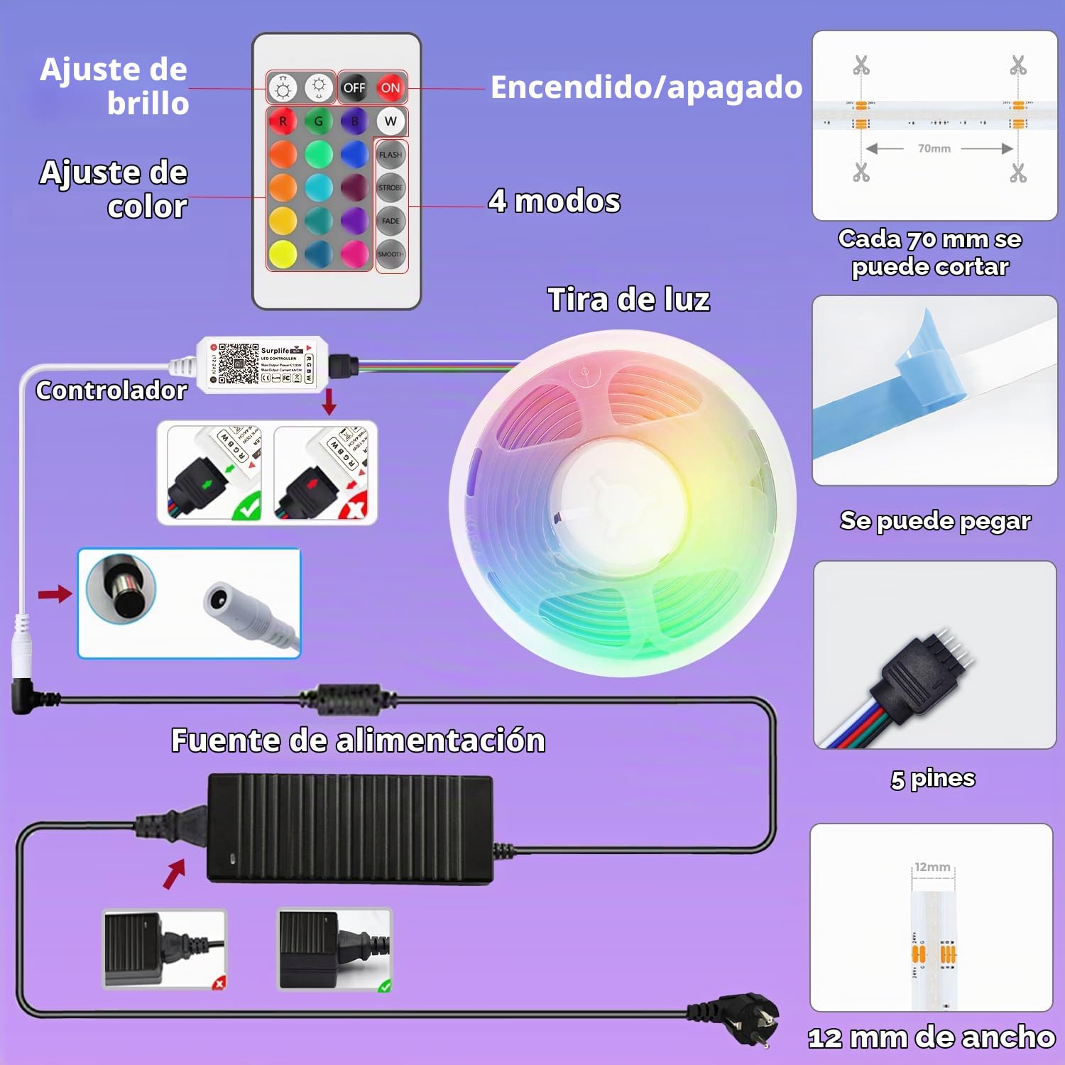 Tira LED COB WIFI de 10M, 24V Smart RGBW tira LED flexible, 672 LED/m de alta densidad COB con controlador y fuente de alimentación, LED interior para armario, dormitorio, armario