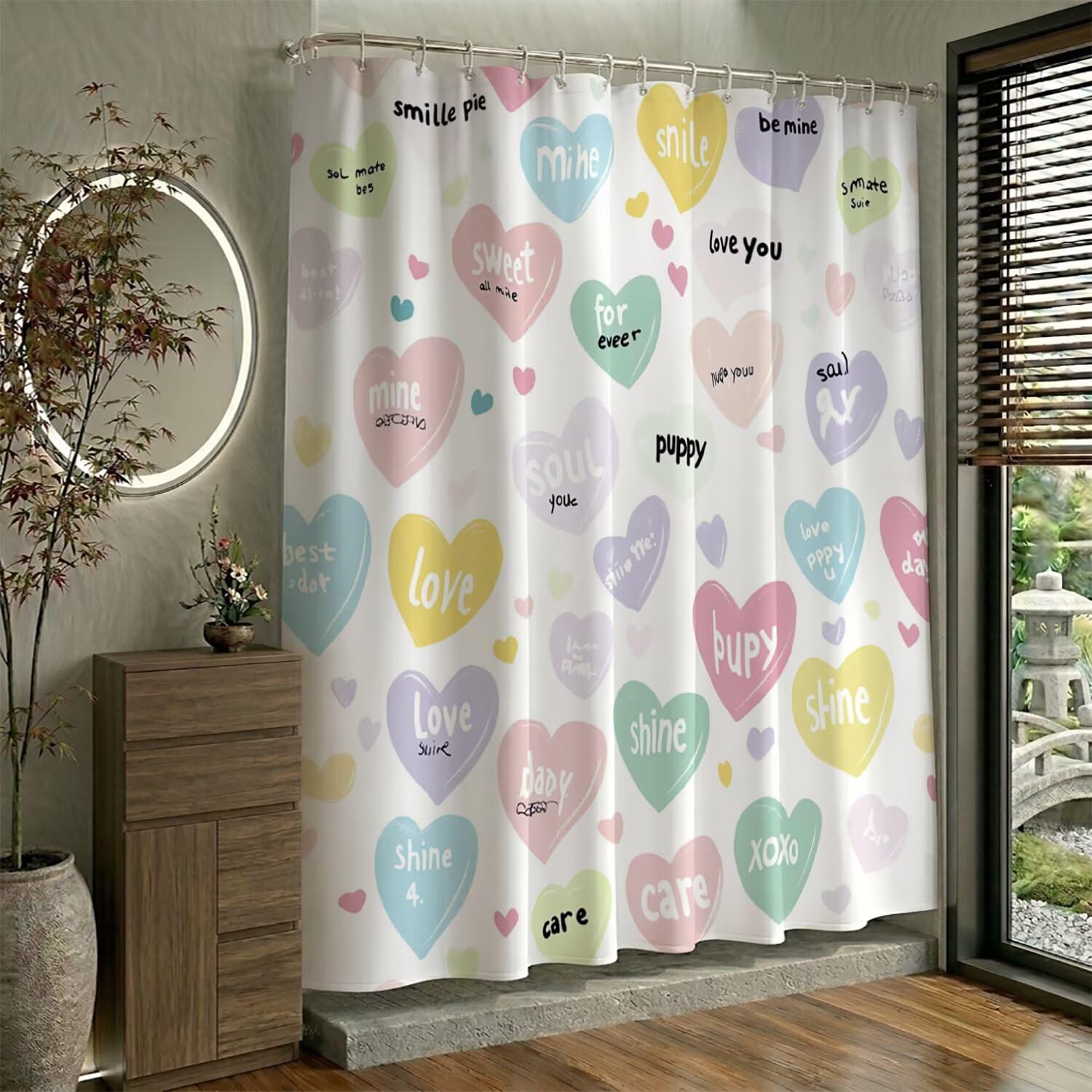 Rideau de Douche 180x200 cm Amour Rideau Douche Tissus Lavable Couleur Rideaux de Baignoire Imperméable Polyester Shower Curtain avec 12 Crochets, Décoratif Accessoires de Salle de Bain W-P71