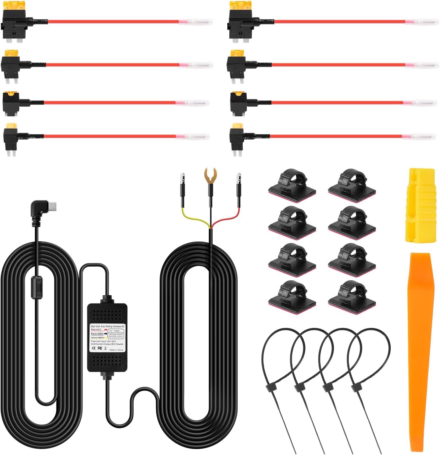 XCSOURCE Dash Cam Hardwire Kit, USB-C,12V-24V to 5V Hard Wire Kit, 11.5ft Car Dash Camera Charger Power Cord with 3 Cores, 4 Types/8 Fuse Tap and 8 Cable Clips for Dash Cam 24h Parking Surveillance