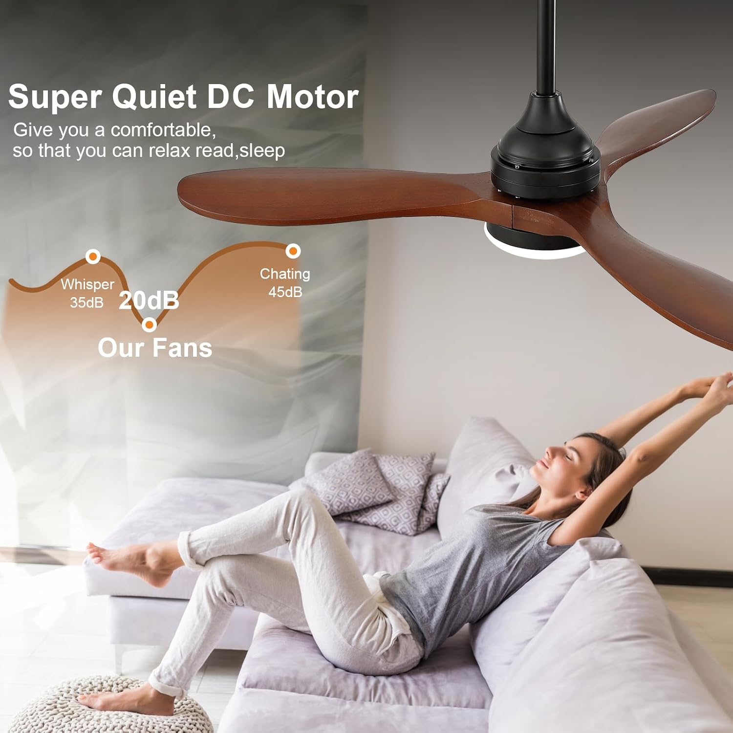 Dimmable 42 Inch Ceiling Fan with Light and Remote, Wood Outdoor Ceiling Fans with Lights and Remote 3 Blade Outdoor Ceiling Fans for Patios Bedroom Living Room, 6 Speed DC Motor