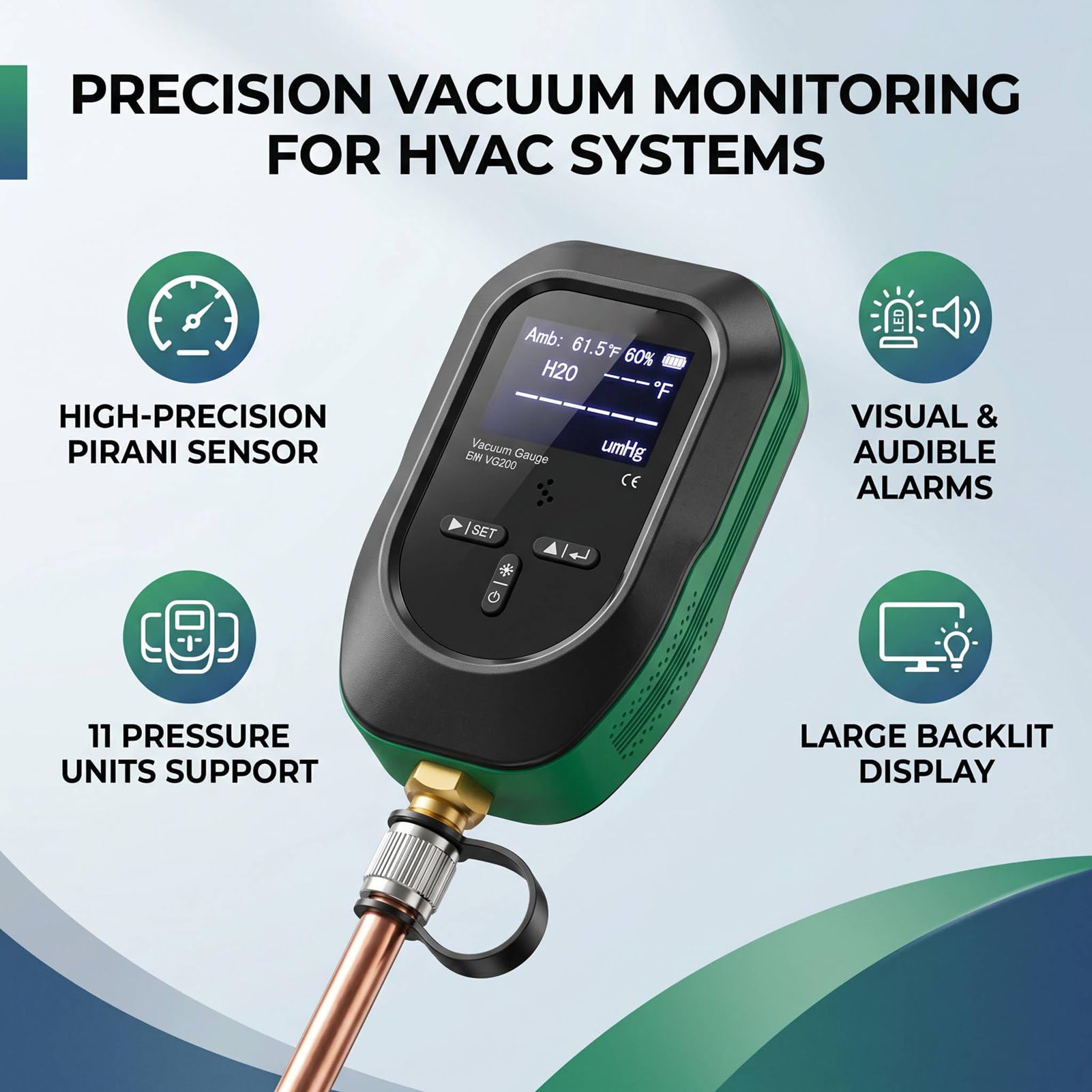 Yanmis Medidor de Vacío Digital 7/16-20UNF 0-75000 Micras HVAC Medidor de Micras con Sensor Pirani, 11 Unidades 1/4 Pulgadas SAE, Alarma Visual para de Refrigeración