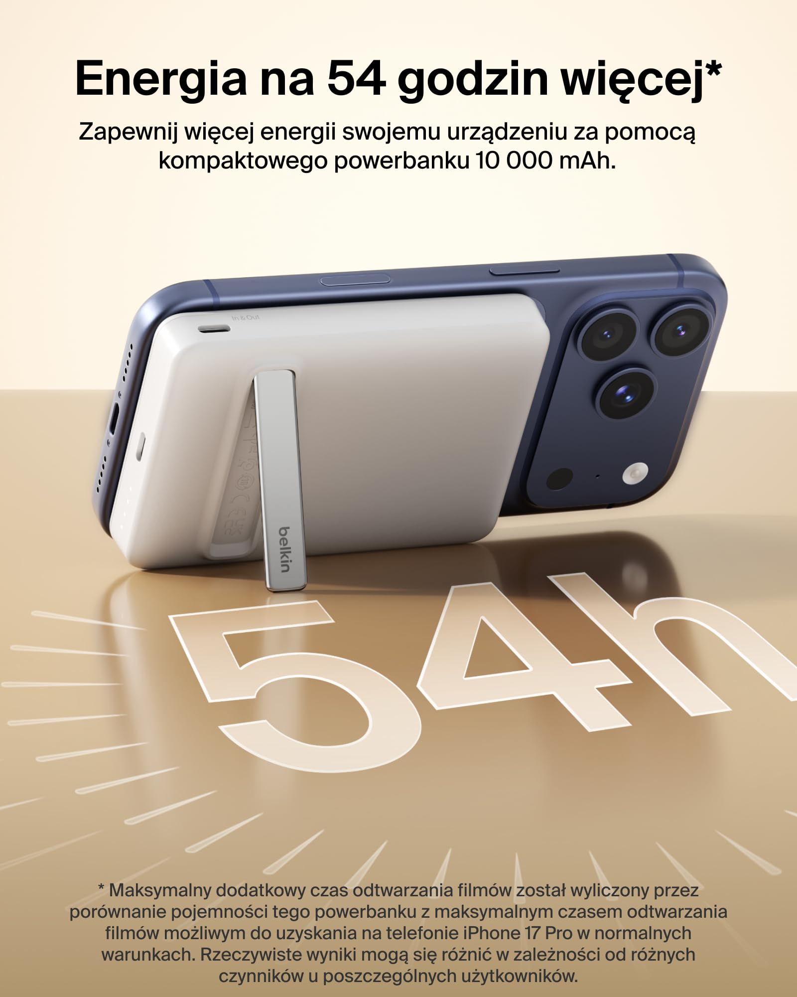 Belkin BoostCharge Niskoprofilowy Magnetyczny Powerbank 10 000 mAh – Biały | Powerbank Bezprzewodowy 10 000 mAh, Certyfikat Qi2, Pierścień Magnetyczny, Port USB-C, Kabel, Podpórka, do Podróży Samolotem