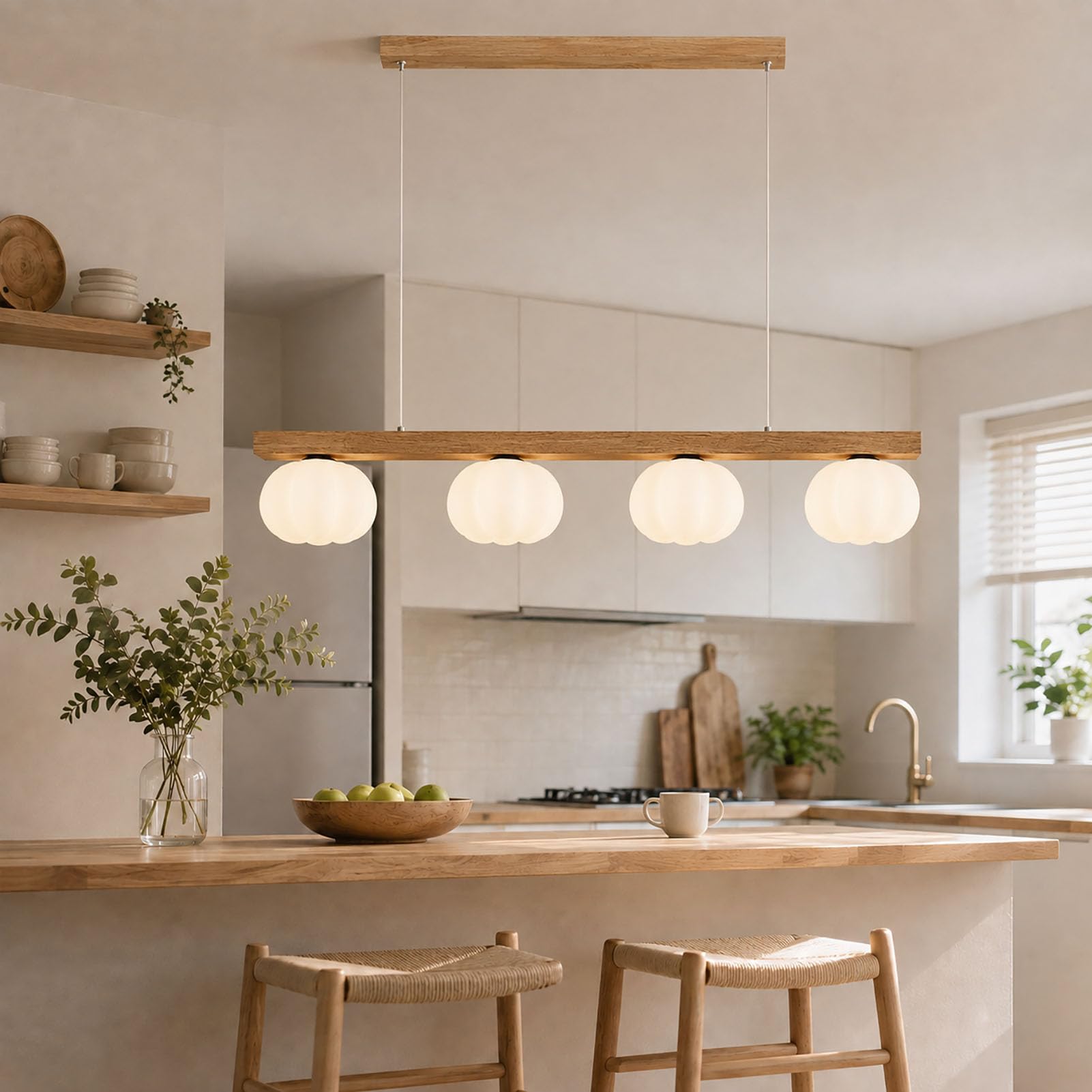 Lampadario Cucina LED in Legno, a Sospensione per Sala da Pranzo