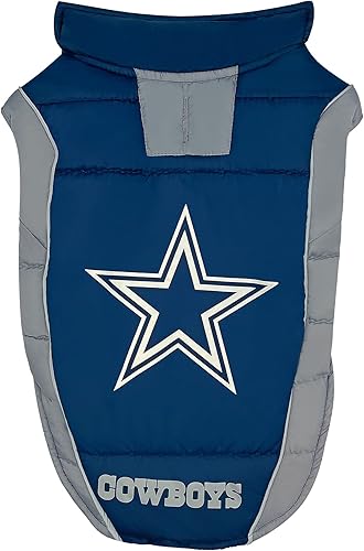 NFL Dallas Cowboys - Chaleco acolchado para perros y gatos, talla L. Abrigo cálido, acogedor e impermeable, para perros y gatos pequeños y grandes.