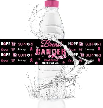 Breast Cancer Awareness Water Bottle Labels, 50Pcs Black and Pink Ribbon Themed Waterproof Wrappers Wraparound Rectangle Label Together We Win Stickers