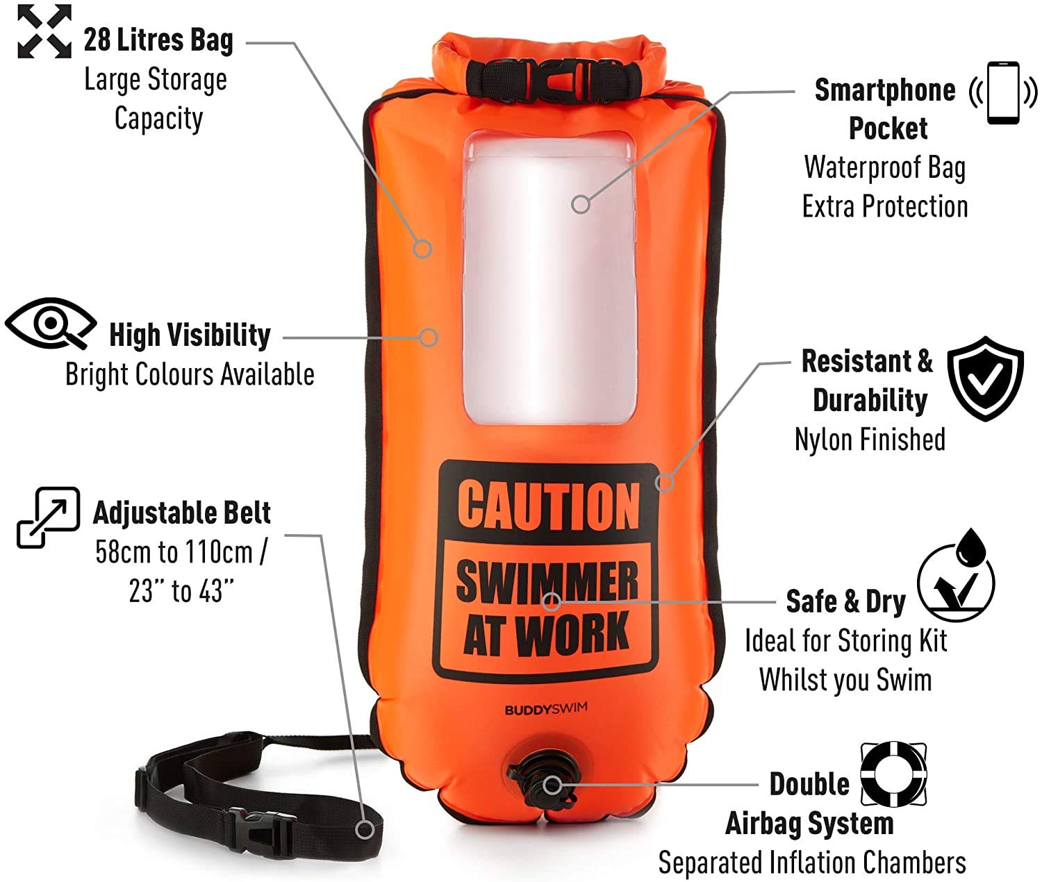 Schwimmboje 28 Liter. Schwimmboje Erwachsene freiwasser. Inklusive wasserdichter Tasche für das Handy. Ideal für Schwimmen, Triathlon oder andere Sportarten. Farbe Orange.