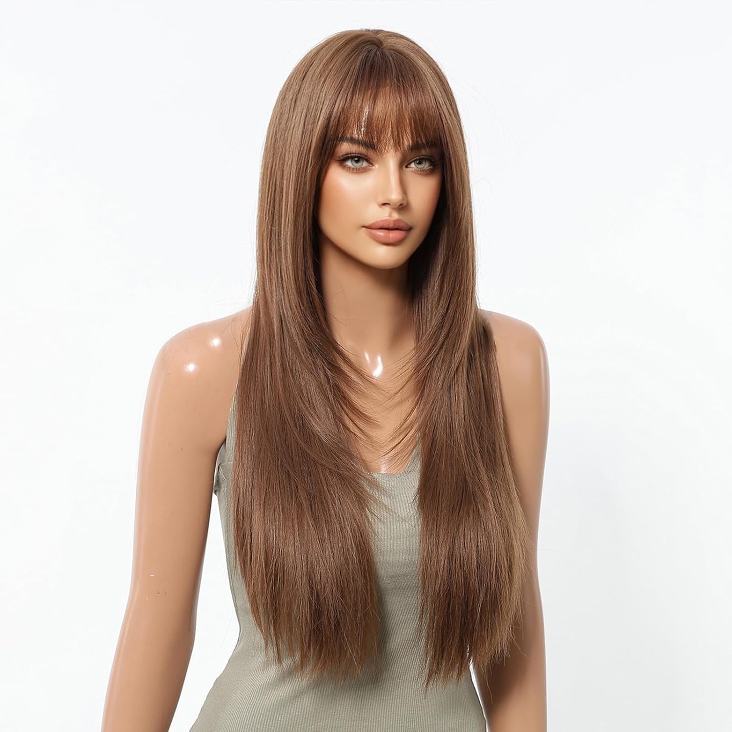 Glueless Dark Brown Wigs Human Hair with Bangs Long Straight Layered for Women Lightweight Comfortable (Brown,28Inch) - Image 4