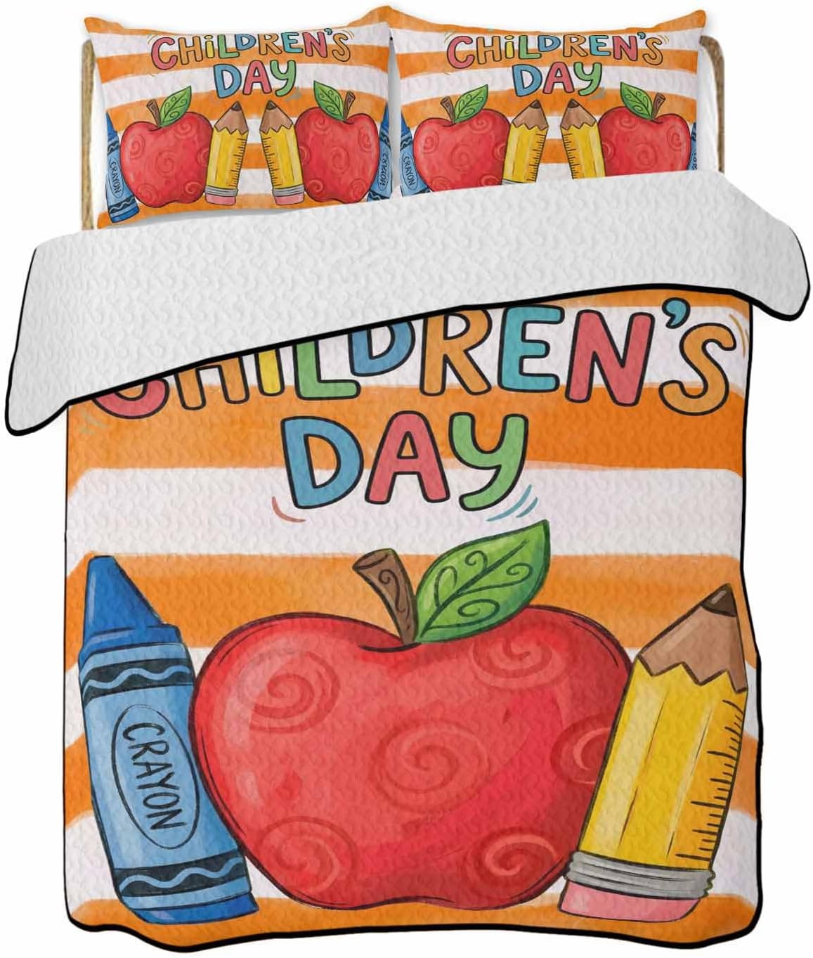 Quilt King Size Bedding Set, Children's Day Lightweight Summer Quilt 3 Pieces Bedding Sets, Cartoon Pencil Watercolor Orange Striped Reversible Soft Bedspreads Coverlets with 2 Pillow Shams