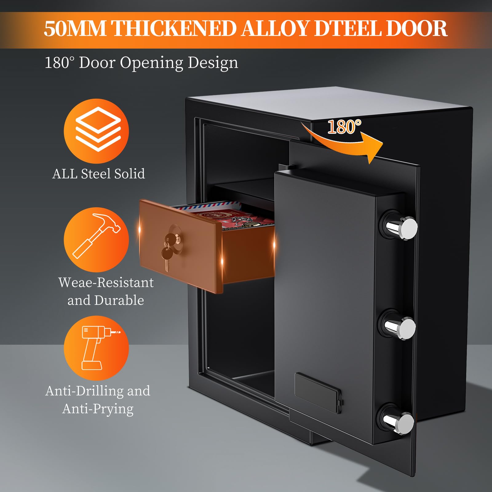WASJOYE Caja Fuerte Ignífuga, Grande Caja Fuerte con Cajón Resistente al Fuego, Teclado Digital y Llaves, Safe Box Convencionales de Seguridad para el Hogar, Hotel, Dinero, Joyería, Pistola, 57L