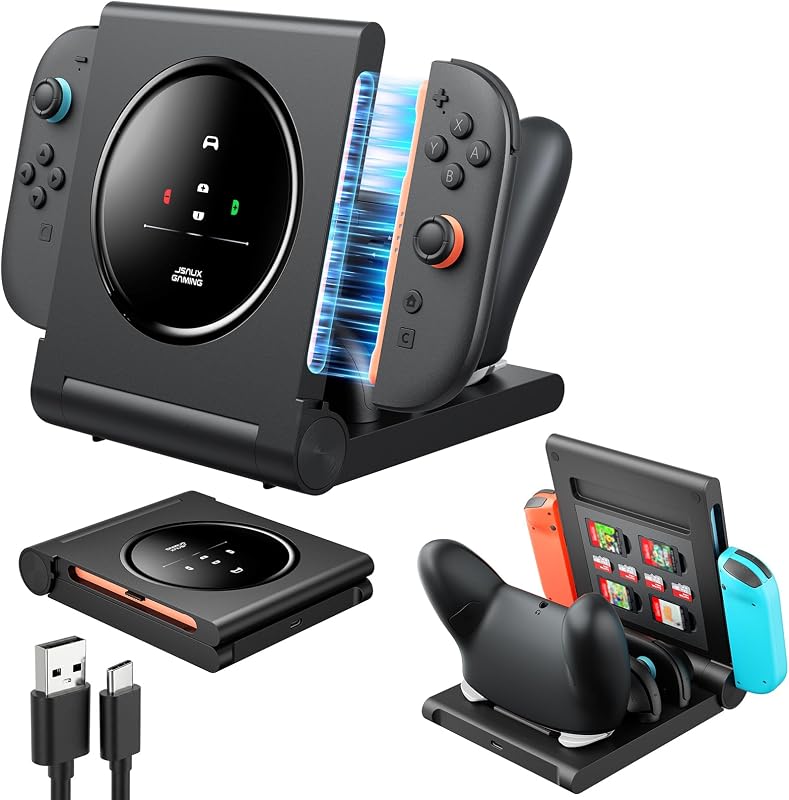 JSAUX 5-in-1 Charging Dock for Switch 2 Pro Controller & Switch 1/2 JoyPads | 5 Charging Ports, 2.5H Fast Charge, 3-Color LED Status, 8 Game Card Slots, PC+ABS, Foldable
