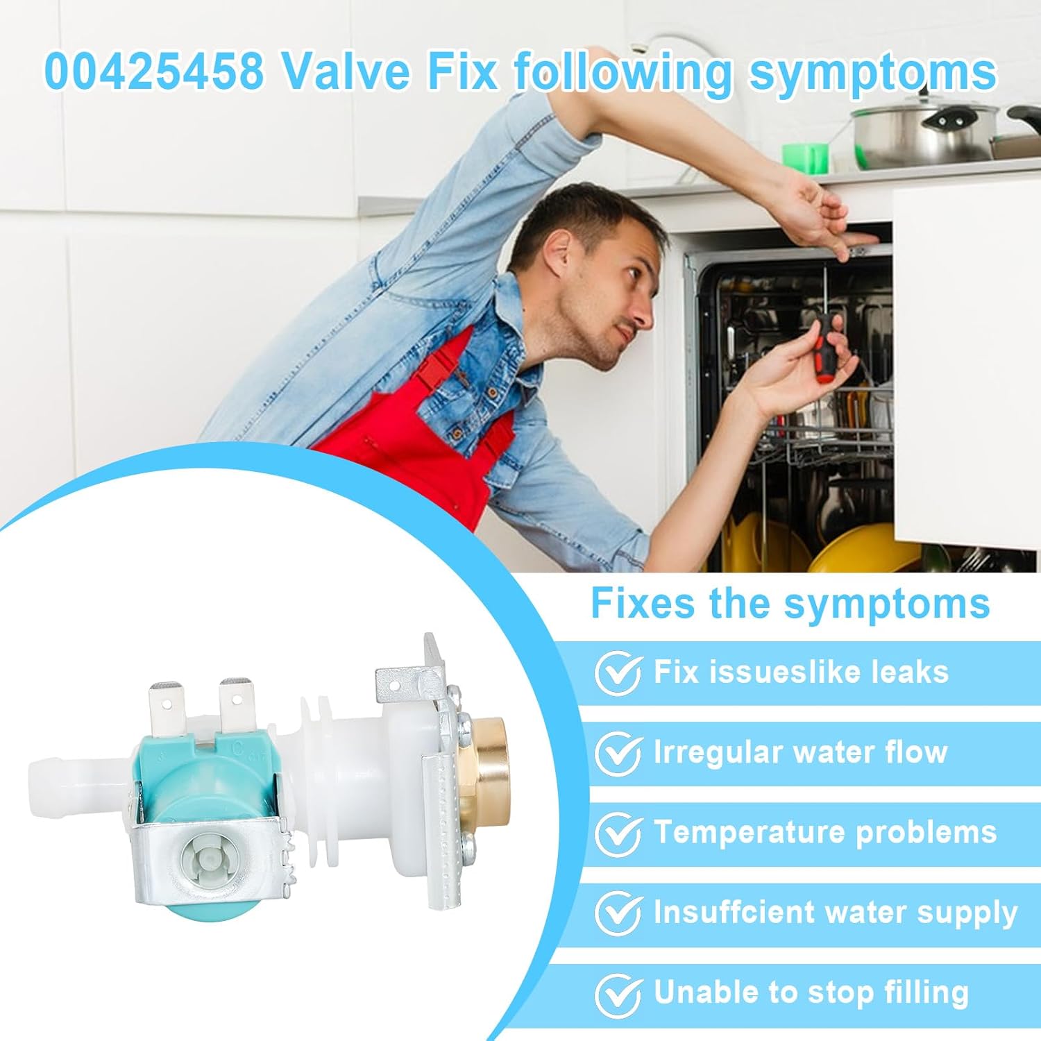 00425458 Dishwasher Water Inlet Valve Compatible with Bosch Dishwasher,Replaces 33299086 AP3783031 00167081 00189533 00580009 425458 580009 888009