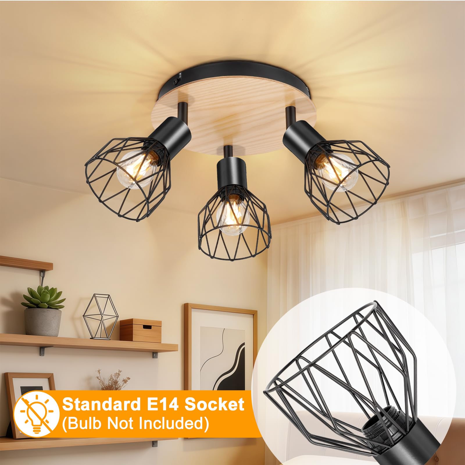 Plafonnier Spot Orientable Luminaire Plafonnier E14 Modèle Bois Spots de Plafond Led Cuisine 3 Spots Noir Plafonnier Industriel pour Cuisine Chambre Salon，Sans Ampoules