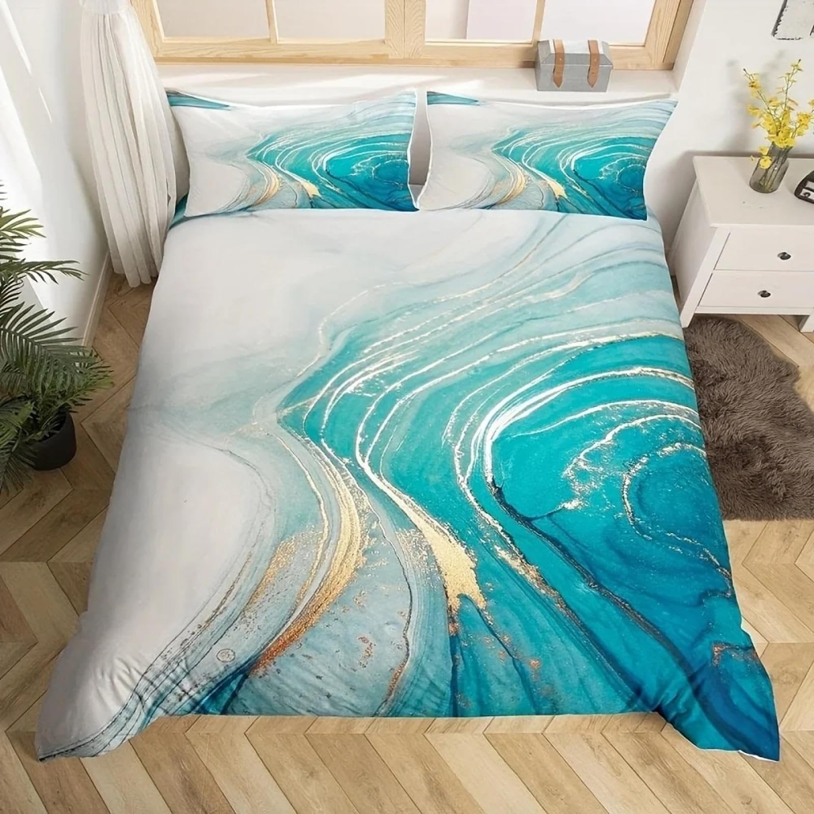 Housse de couette 160x200 marbre bleu et or avec 2 taies d'oreiller