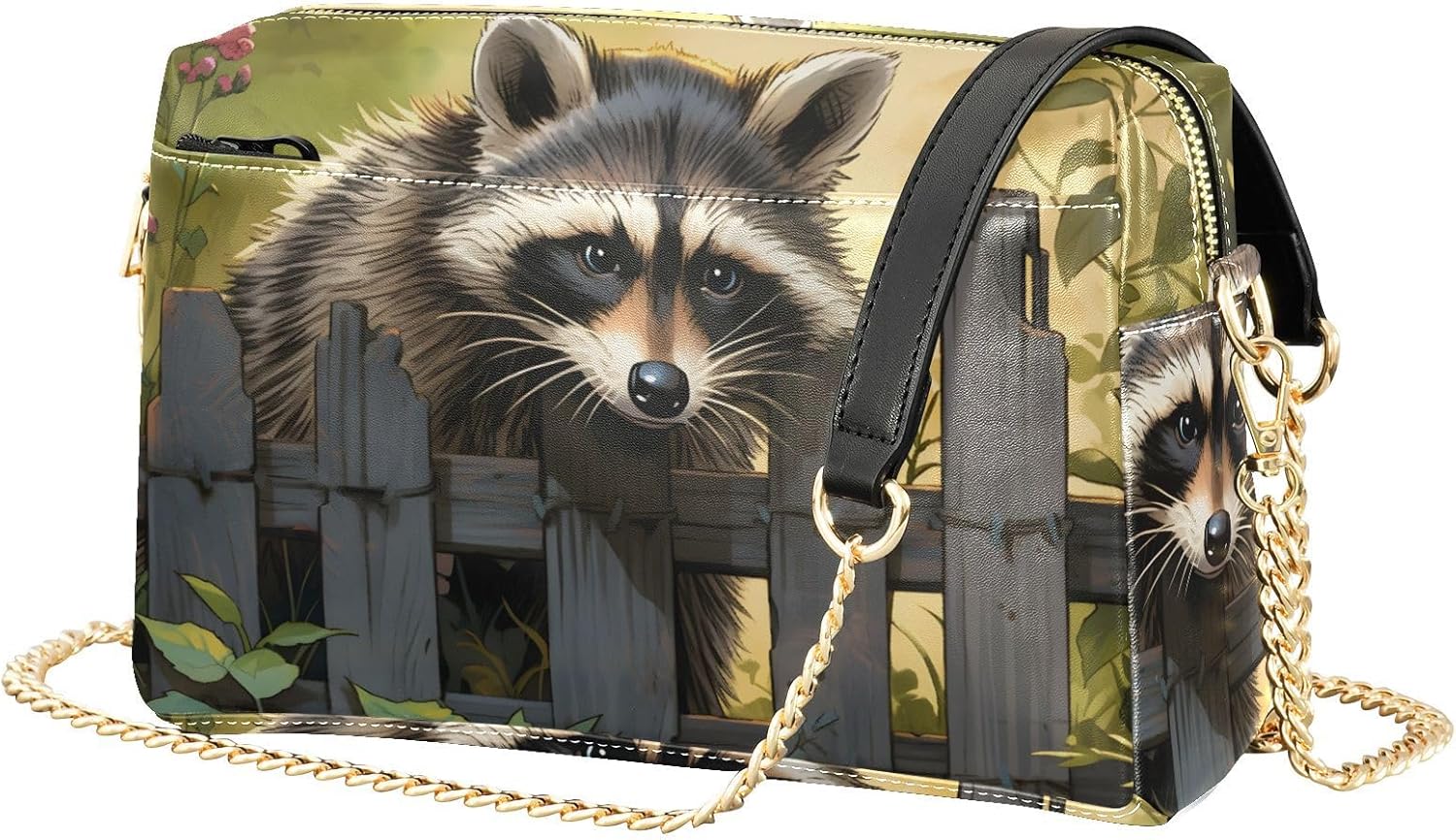 Women Crossbody Bag Shoulder Handbag Cellphone Purse Fence Raccoon Print, PU Leather Metal Chain Strap Water Resistant Zipper Closure