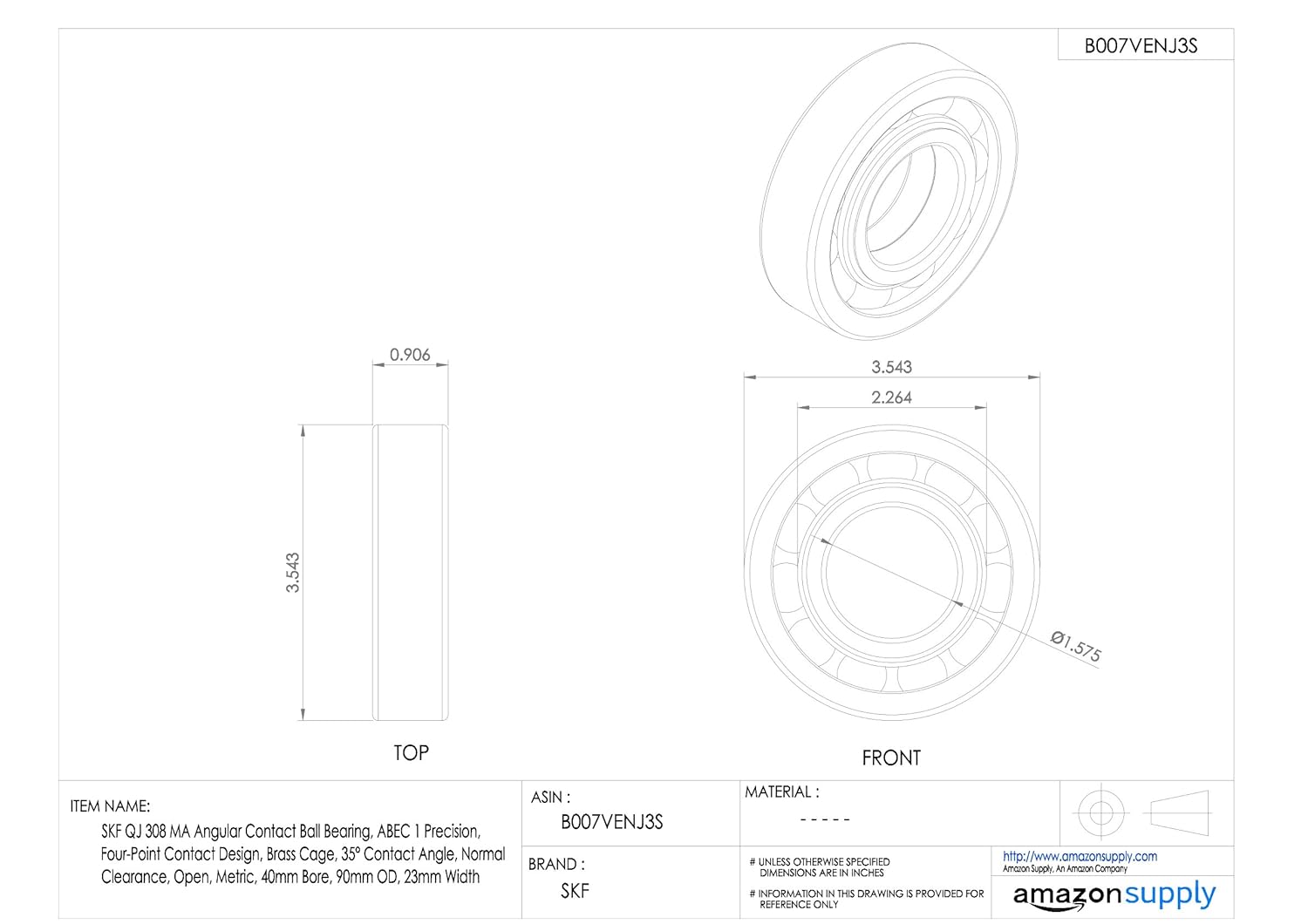 SKF QJ 224 N2MA Angular Contact Ball Bearing, ABEC 1 Precision, Four-Point Contact Design, Brass Cage, 35° Contact Angle, Normal Clearance, Open, Metric, 120mm Bore, 215mm OD, 40mm Width