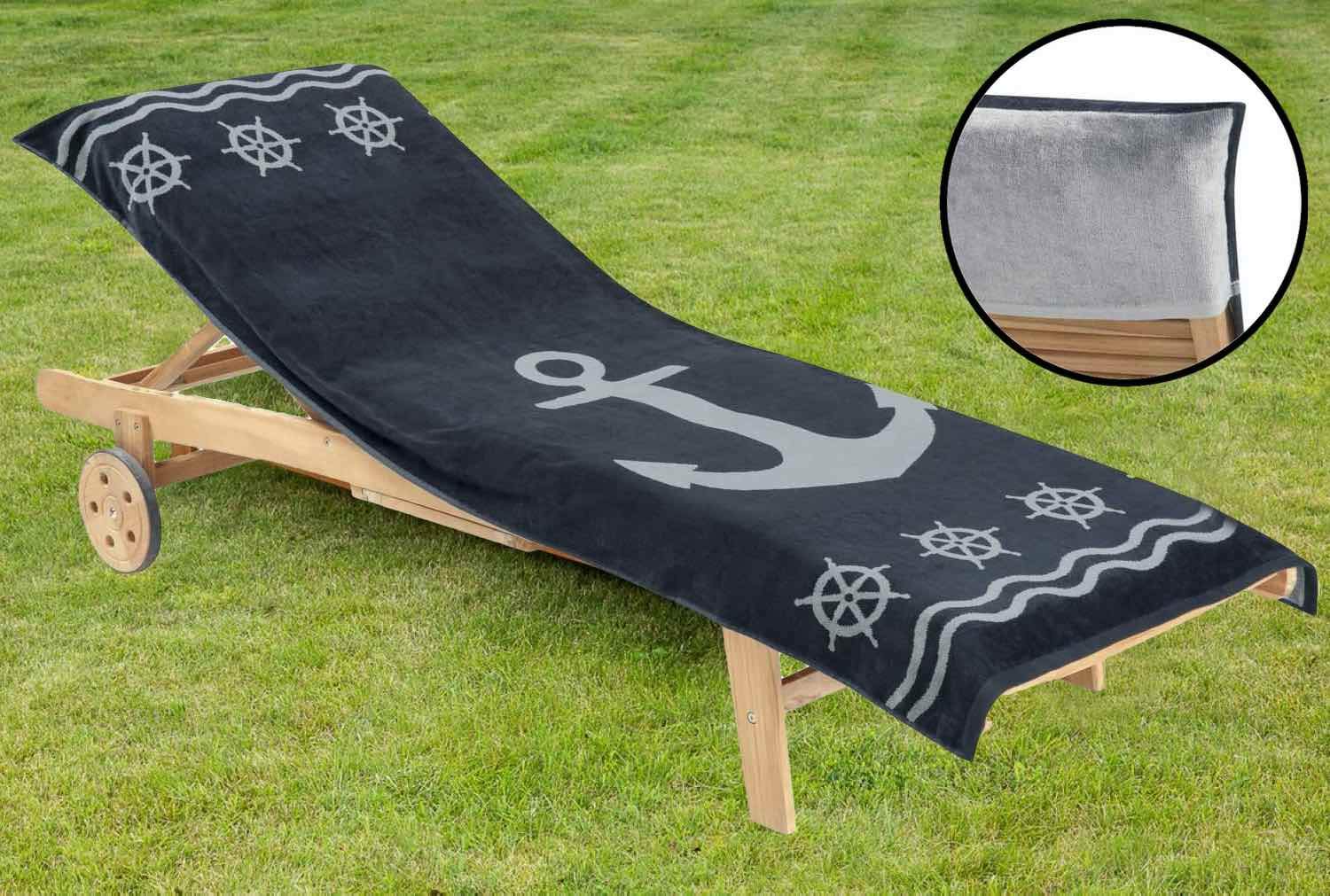 Delindo Lifestyle Serviette pour Bain de Soleil Ancre Anthracite XXL, Housse de Protection pour Chaise Longue de Jardin, de Plage, 100% Coton égyptien, 83x200 cm