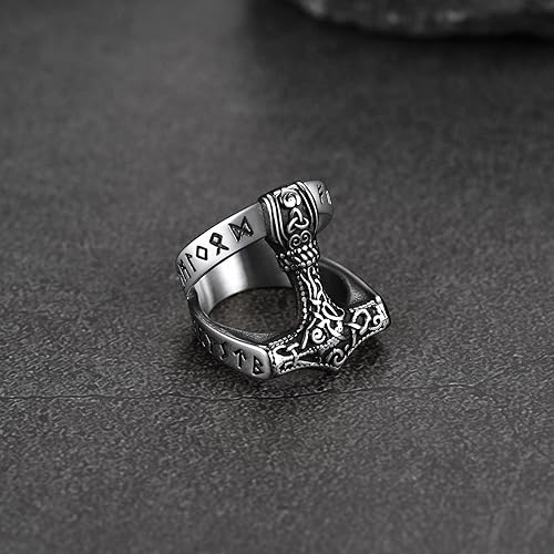 Miniatura 7 de FaithHeart Norse Viking Jewelry - Anillo de acero inoxidable de guerrero para hombre con diseño vikingo de cabeza de lobomartillo de Thor