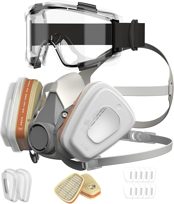 AIMAX Masque de Protection avec Filtre A1P2, Anti Poussière et Gaz, avec Lunettes, Respiratoire Réutilisable pour Peinture, Ponçage, Pulvérisation, Ensemble Complet avec Filtres de Rechange