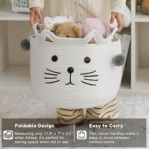 Miniatura 4 de INough Cesta de juguetes para gatos, cesta de almacenamiento de cuerda de algodón tejida grande, cesta de lavandería con decoración de botones para