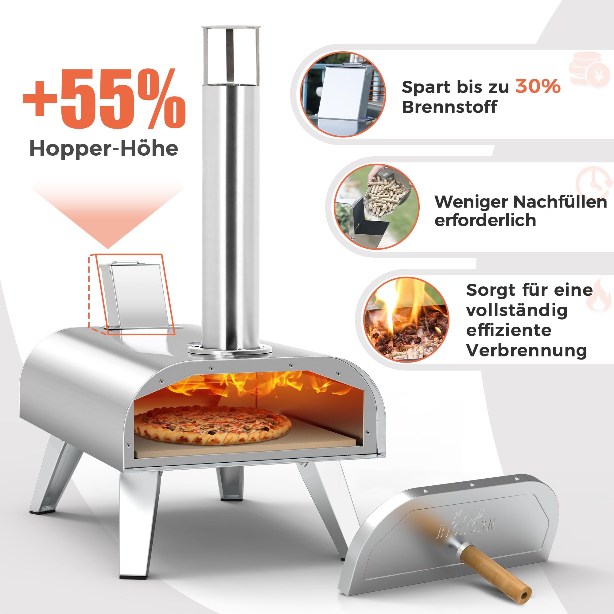 BIG HORN OUTDOORS Pizzaofen für Holzpellets, tragbarer Edelstahl-Pizzagrill