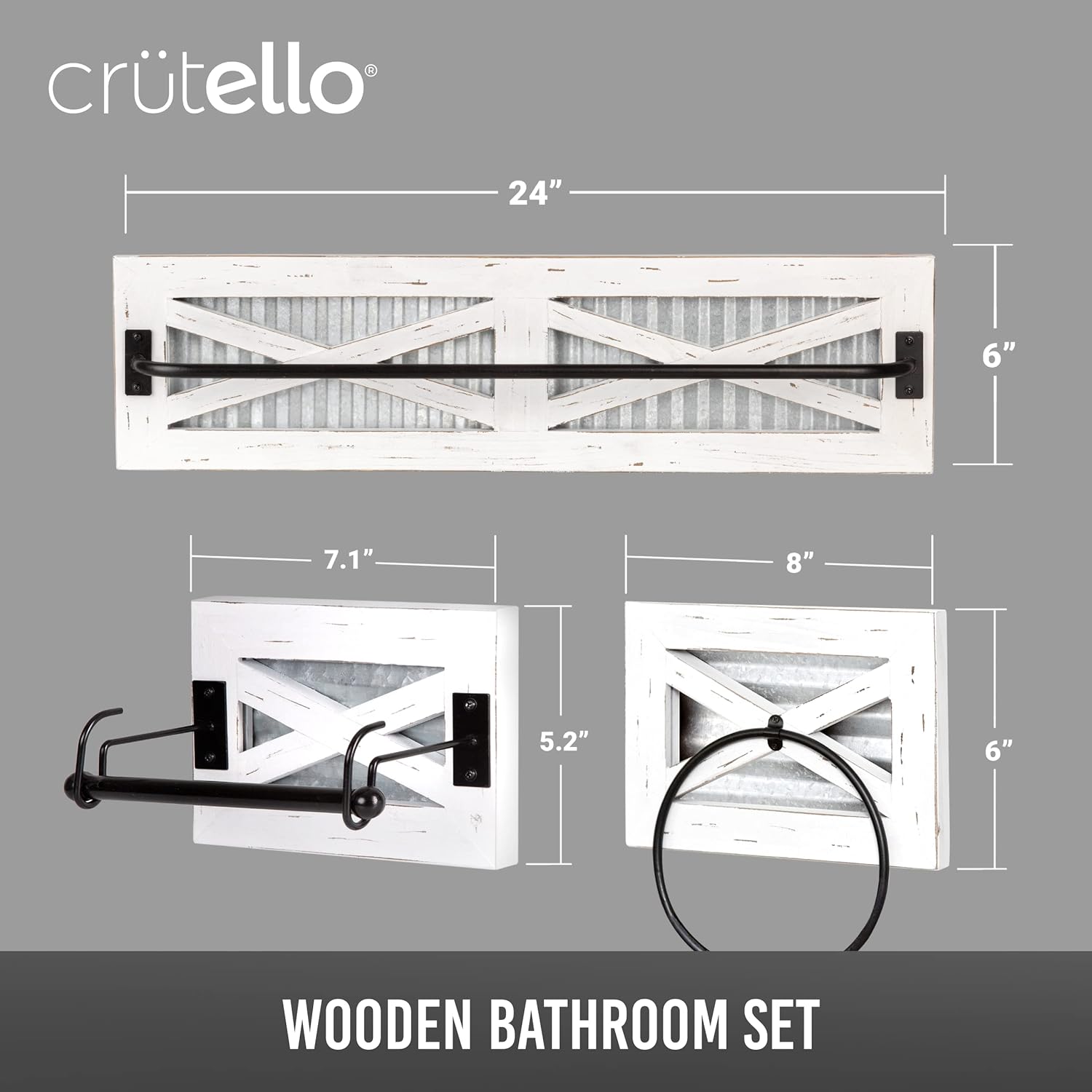 Crutello Rustic Towel Bar Toilet Paper Holder Set with Towel Ring for Bathroom- Wall Mounted Bathroom Racks - Weathered White Wood, Galvanized Backing & Black Metal Bar, Farmhouse Decor