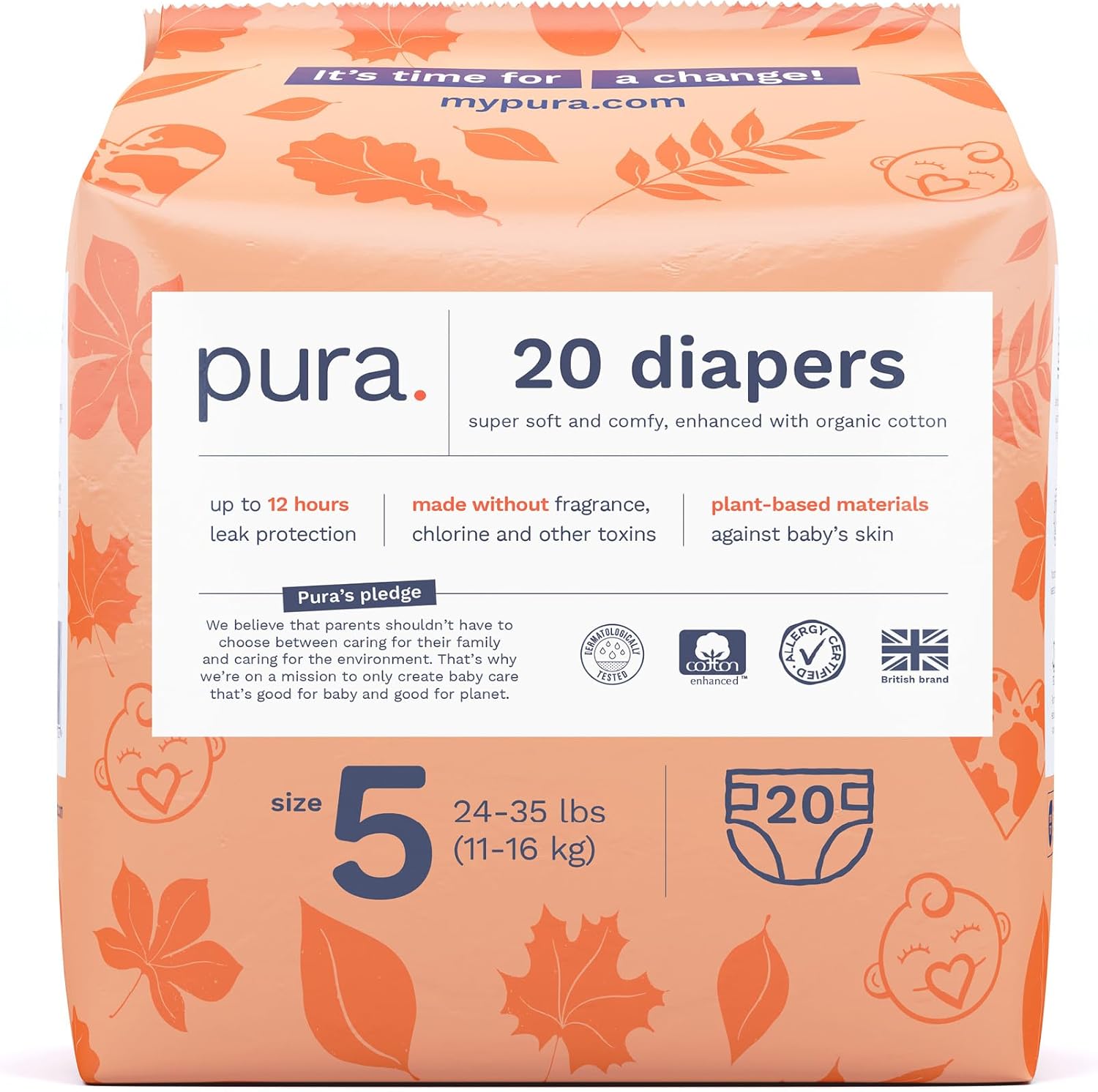 Pura Size 5 EcoFriendly Diapers (2435lbs) Totally