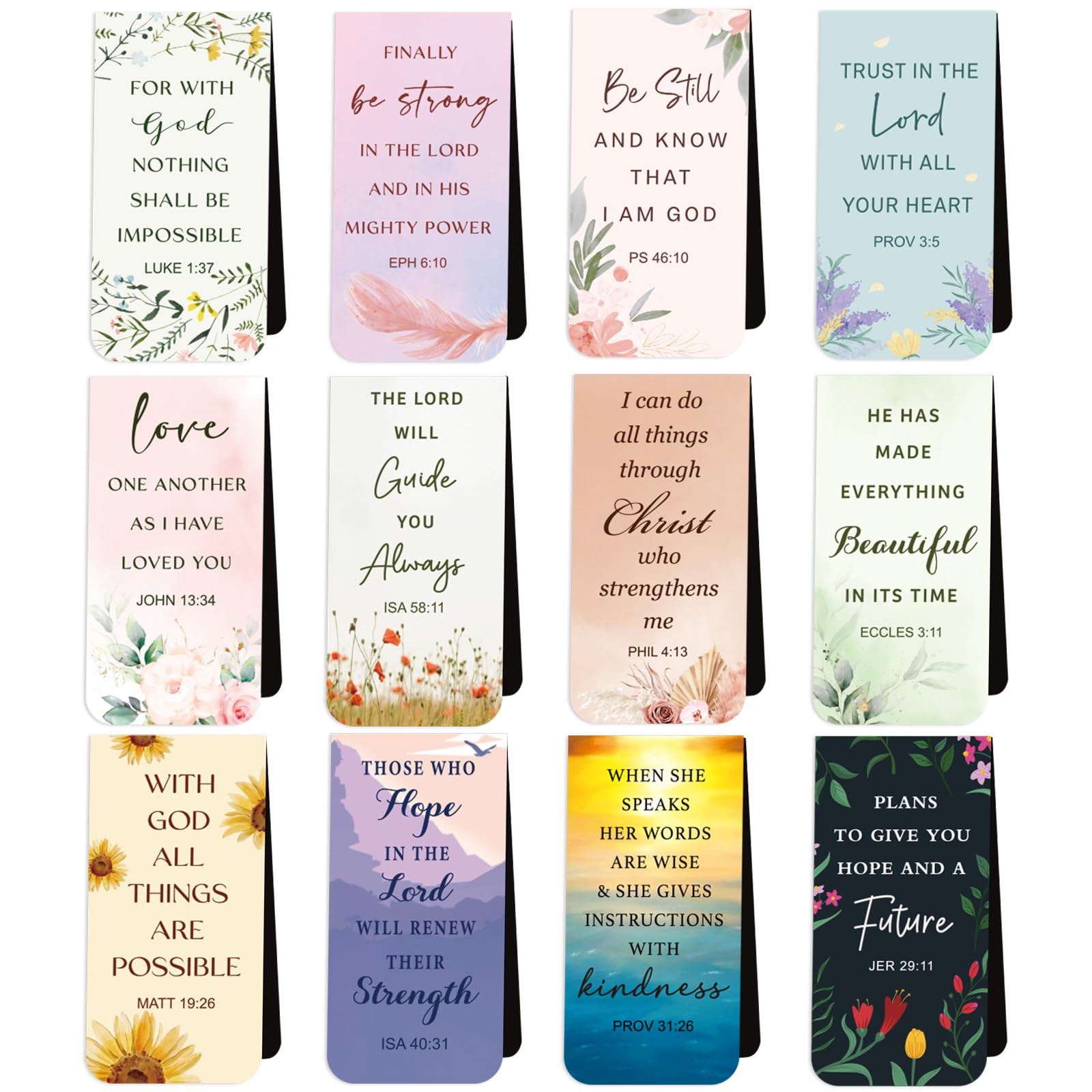 12pcs Bookmarks Magnetic Bible Verses Floral Design Page Clips Markers