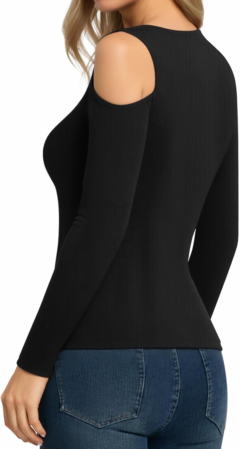HERLOLLYCHIPS Womens Long Sleeve Tops Cold Shoulder Scoop Neck Zipper Front Fitted Shirts - Image 4