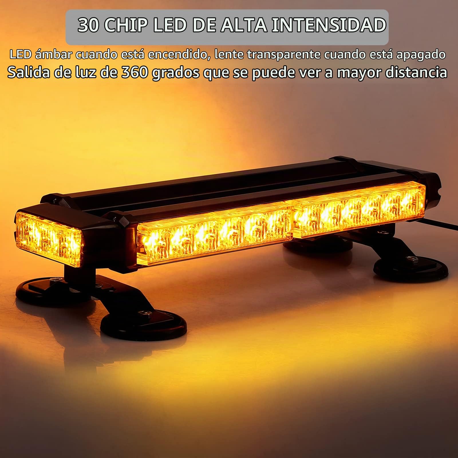 Justech 30LEDs Luz de Emergencia para Automóvil 30W 7 Patrones de Flash Luz Estroboscópica Luz de Advertencia de Techo Ámbar IP65 Impermeable con 5M Cable para 12V 24V Vehículo Remolque Camión