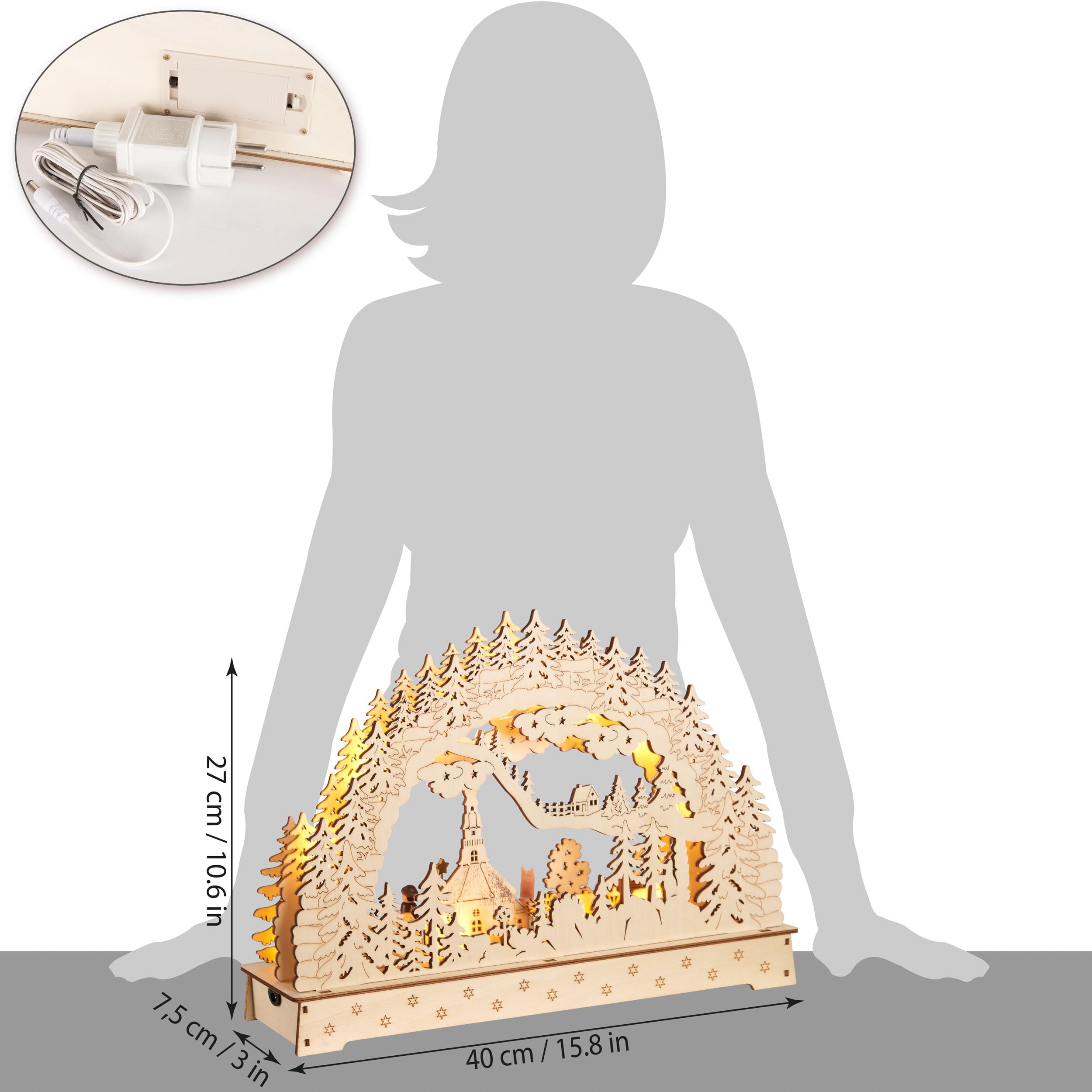 BRUBAKER 3D Lichterbogen - LED Schwibbogen - Sternsinger - LED-Beleuchtung mit Batterie und Kabel - Holz Natur - 27 x 40 x 7,5 cm - Handbemalte Figuren - Weihnachtsdeko für Tisch und Fenster