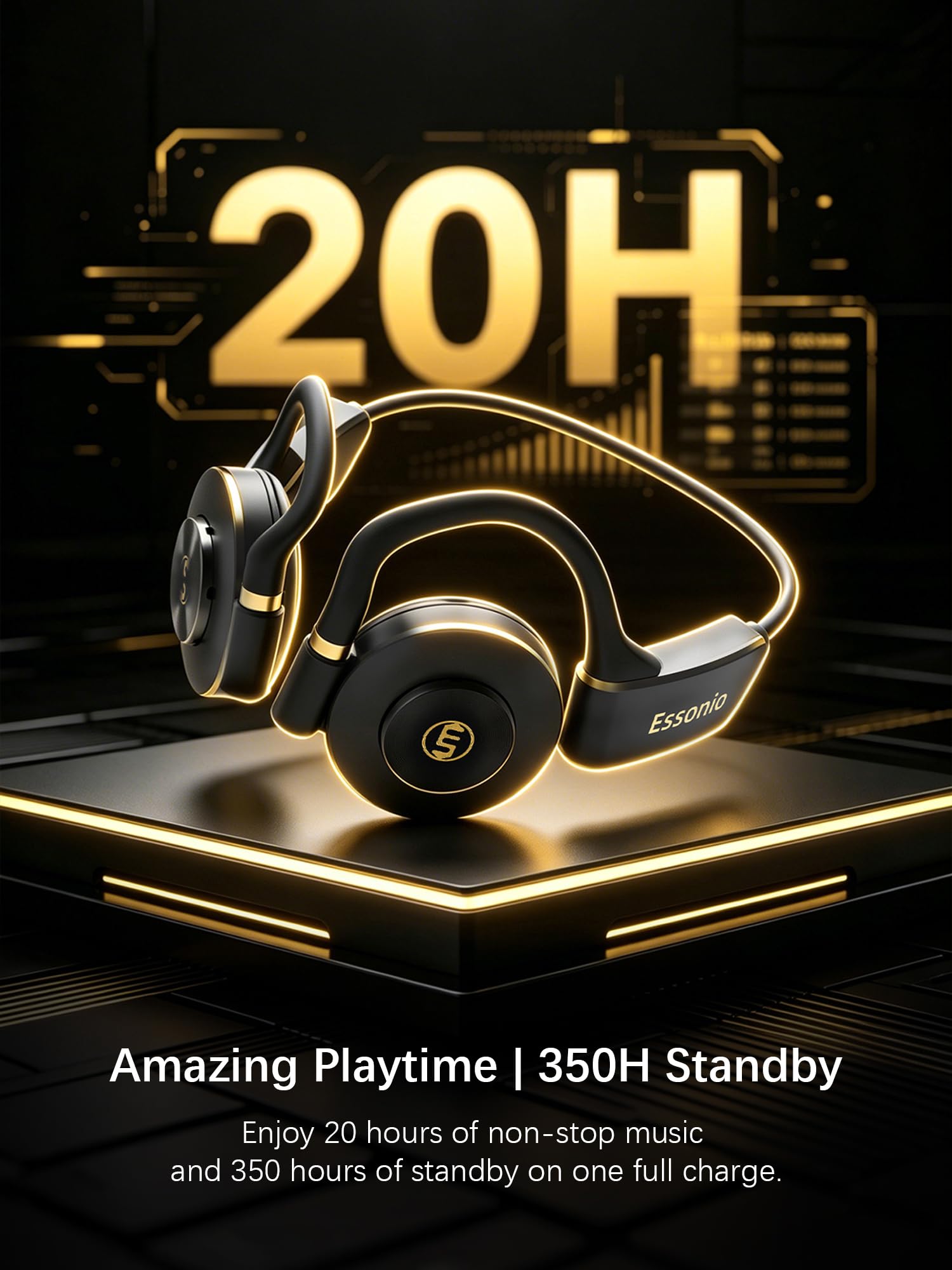 Essonio Casque à oreilles ouvertes, basses profondes, sans fil, Bluetooth, conduction d'air, 3 niveaux, basses profondes, ultra large bande, ANC, 20 h, lecture multipoint, appel clair pour ski, sport