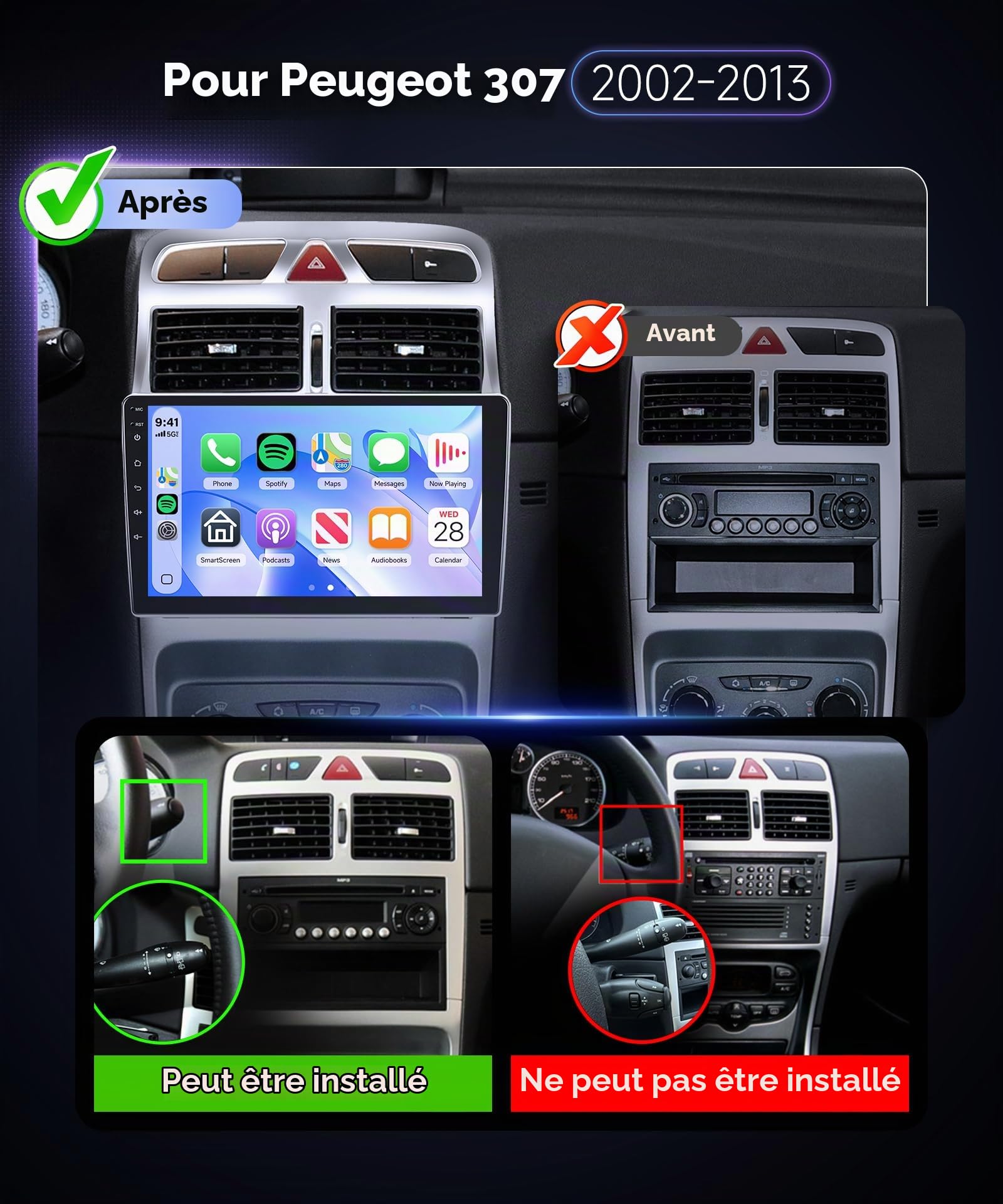 Hodozzy Autoradio pour Peugeot 307 2002-2013 avec CarPlay sans Fil Android Auto, 9 Pouce Touchsreen avec Bluetooth/RDS Radio/SWC/GPS/Youtube/USB/V-Link/+Caméra de Recul
